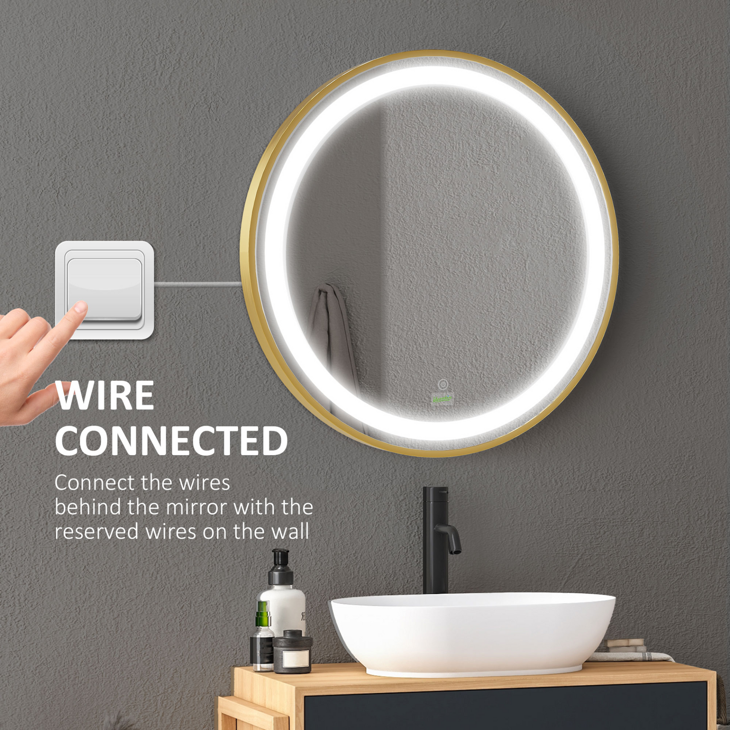 kleankin Round Bathroom LED Mirror - Dimmable Lighted Wall-Mounted, 3 Temperature Colours, Time Display, Memory Function, Hardwired, Gold MyLibelula