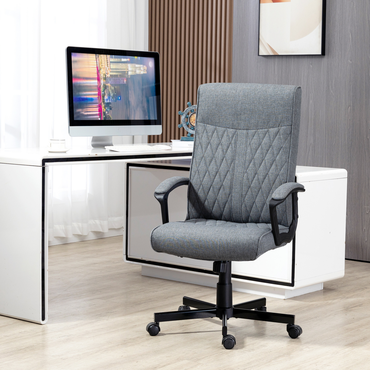 Vinsetto High-Back Home Office Chair, Adjustable Linen Swivel Computer Chair, Dark Grey MyLibelula