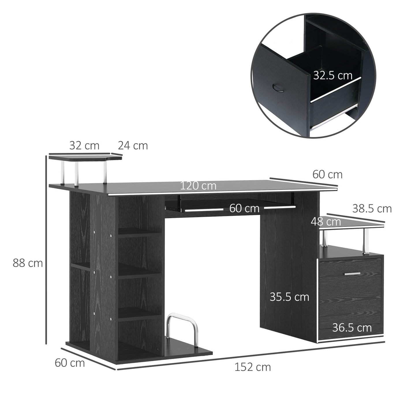 HOMCOM Black Computer Desk PC Workstation with Drawer Shelves and CPU Storage Rack - Home Office Furniture MyLibelula