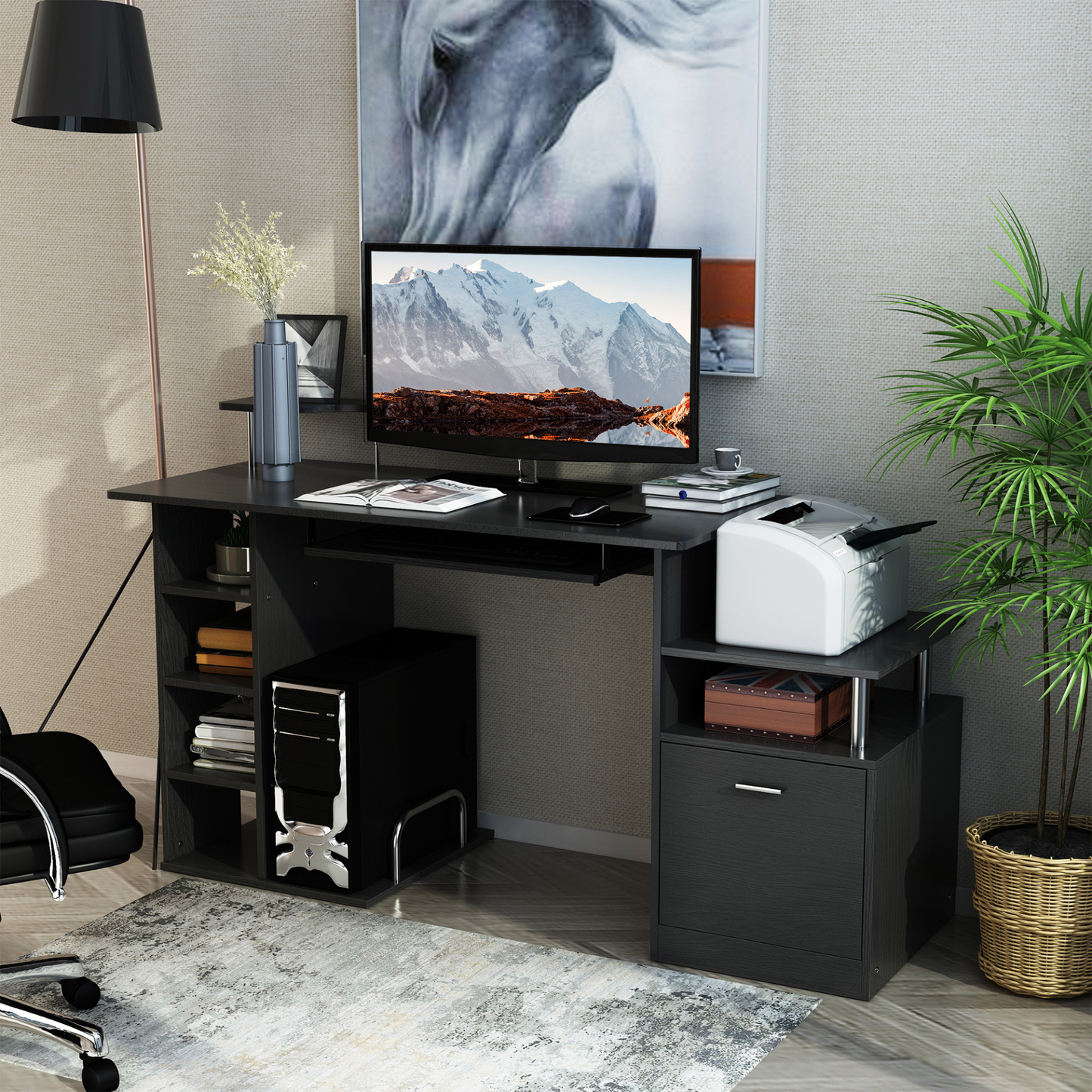 HOMCOM Black Computer Desk PC Workstation with Drawer Shelves and CPU Storage Rack - Home Office Furniture MyLibelula