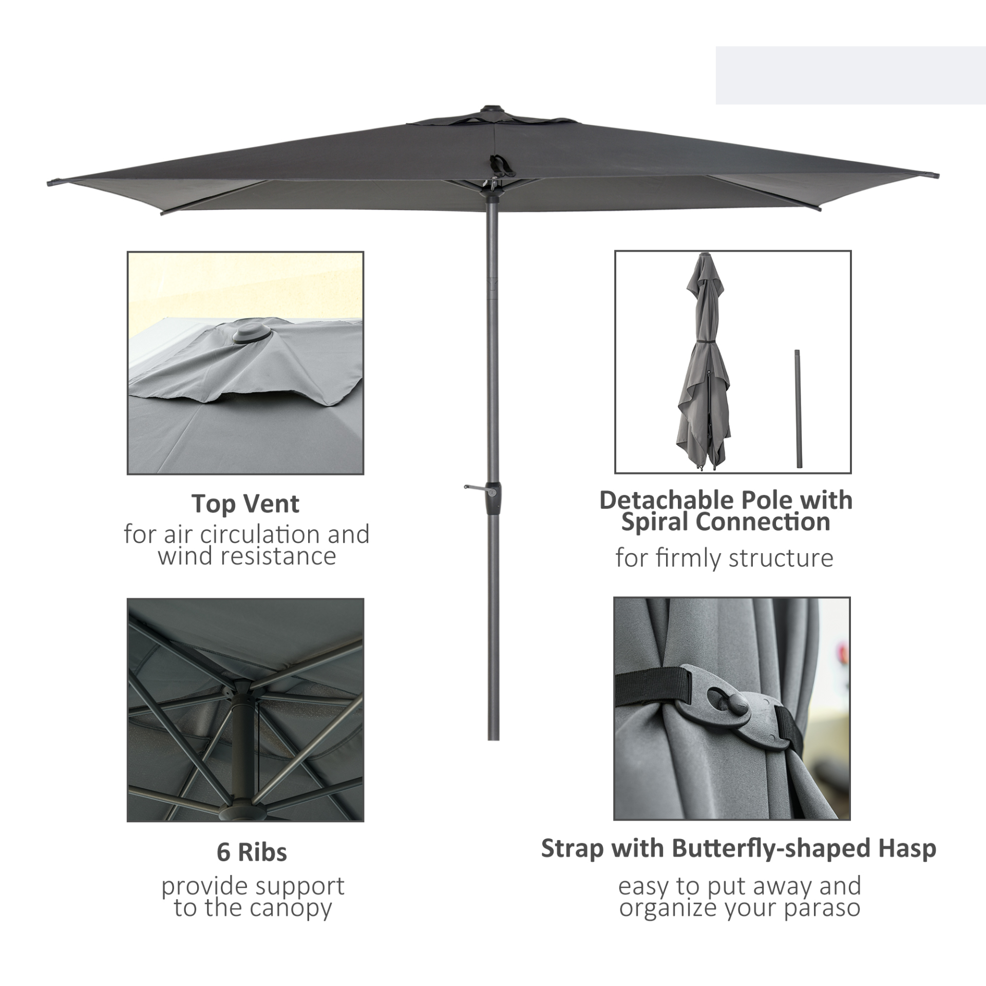 Outsunny 3x2M Sun Parasol Umbrella - Garden Patio Tilt Shade Canopy, Grey MyLibelula