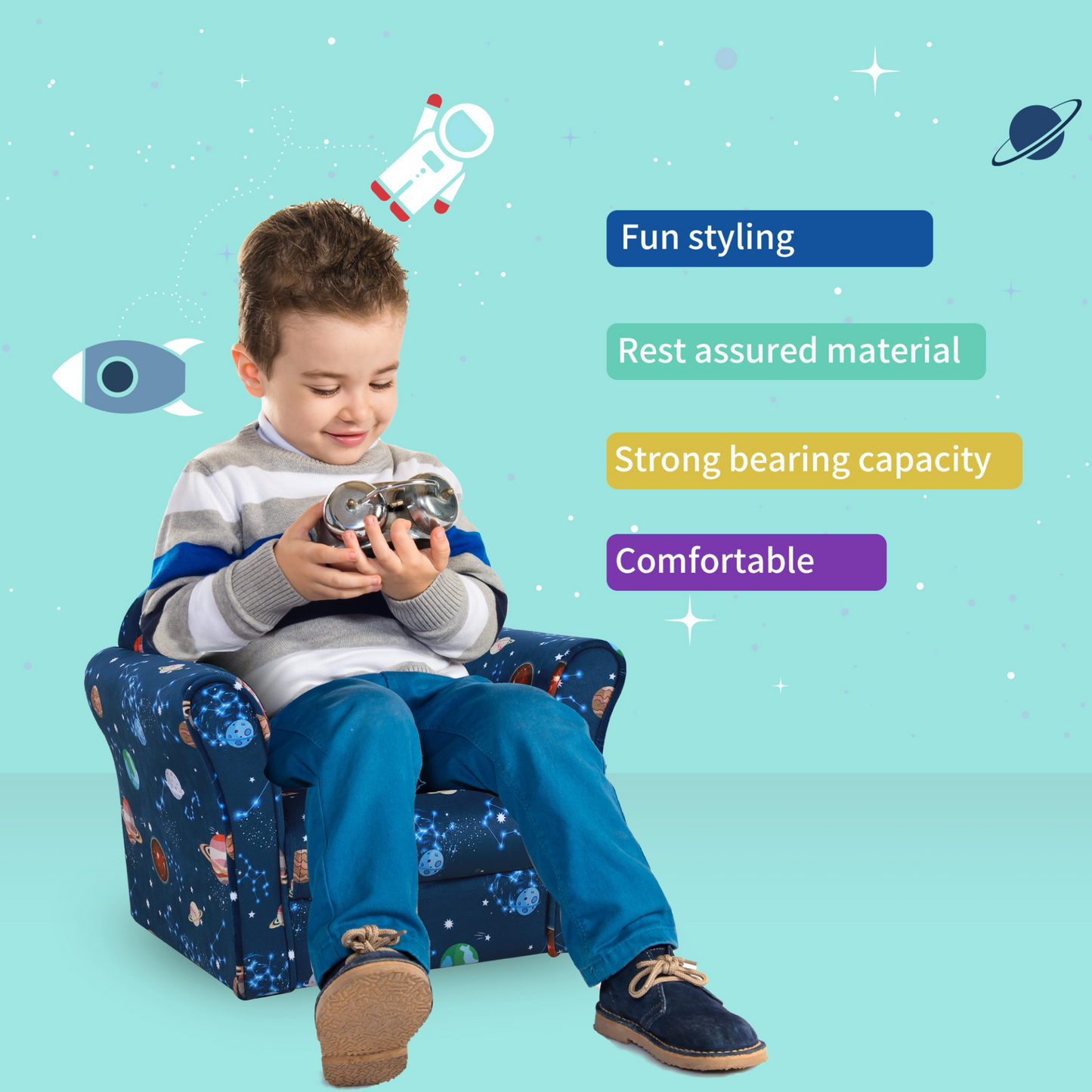 HOMCOM Kids Mini Sofa Armchair - Planet-themed, Non-slip Feet, Blue, Ideal for Bedroom MyLibelula