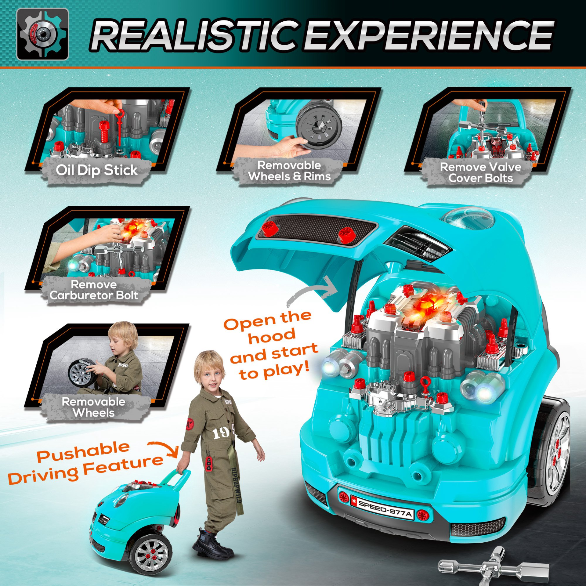 HOMCOM Kids Truck Engine Toy Set - Educational Car Service Station in Teal Green for Ages 3-5 MyLibelula