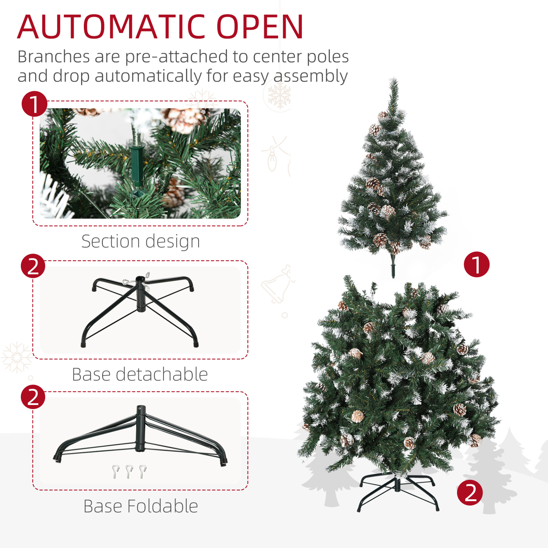 HOMCOM 5FT Artificial Christmas Tree with Pine Cones, Automatic Open, Realistic Snow-Flocked Holiday Decoration MyLibelula