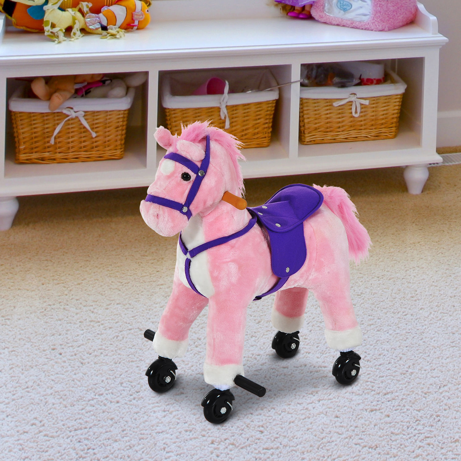 HOMCOM Wooden Action Pony Plush Toy - Wheeled Ride-On Horse with Sounds (Pink) MyLibelula