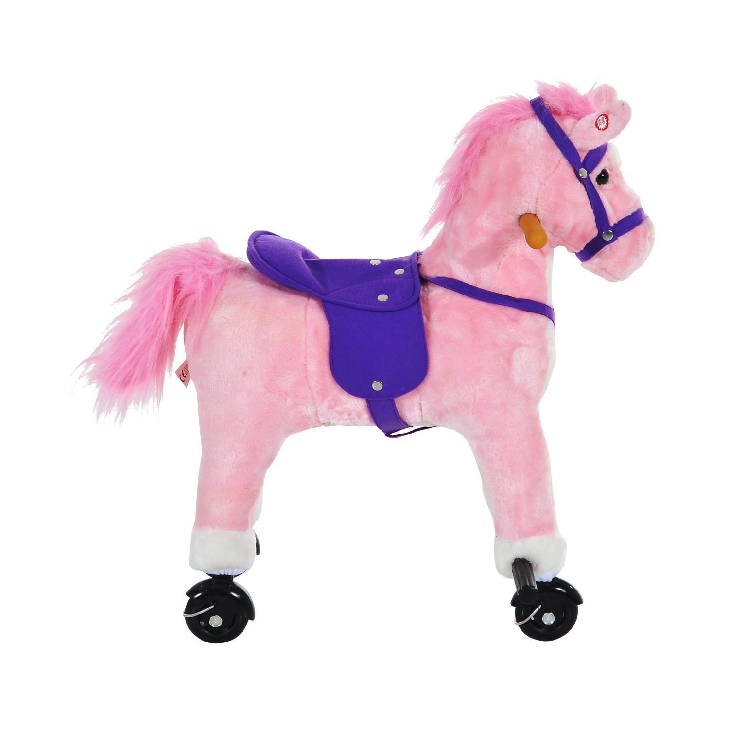 HOMCOM Wooden Action Pony Plush Toy - Wheeled Ride-On Horse with Sounds (Pink) MyLibelula