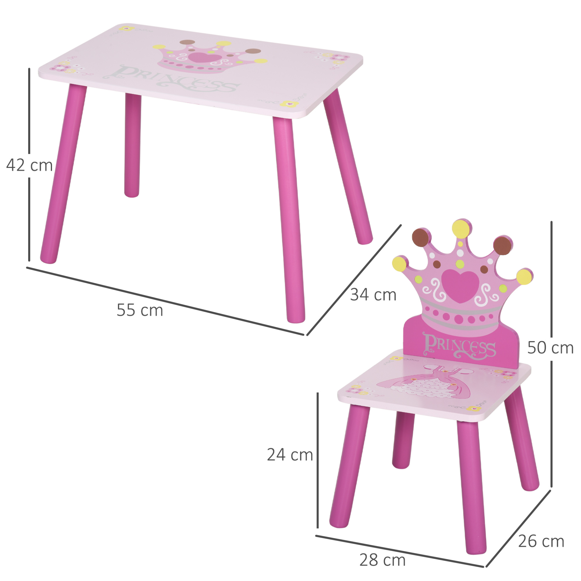 HOMCOM 3 Pcs Kids Table and Chair Set - Princess & Crown Theme | Perfect Gift for Girls Aged 2-4 | Pink MyLibelula