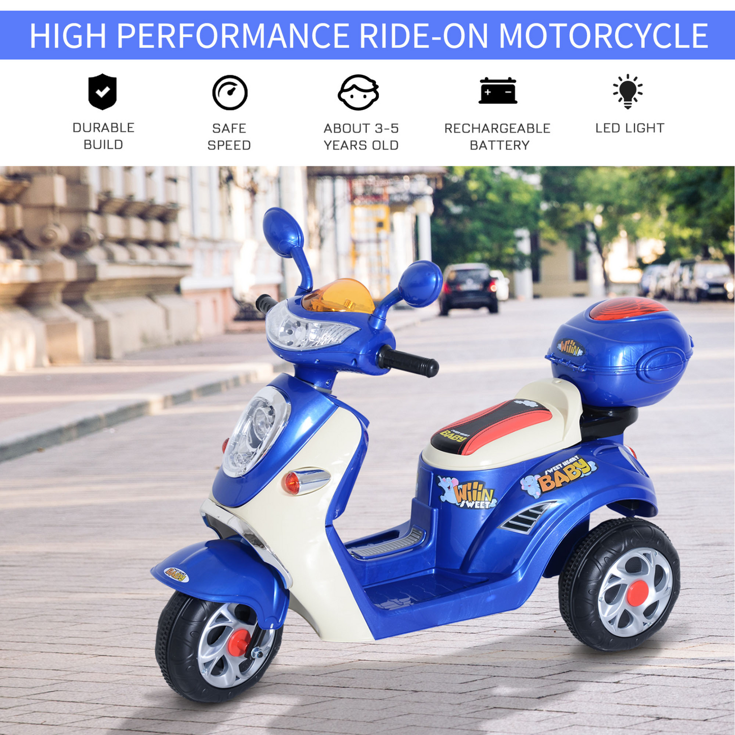 HOMCOM Kids Electric Ride On Toy Car Motorbike Tricycle w/ 6V Battery, LED Headlight & Music - Blue, Ages 3-5 MyLibelula