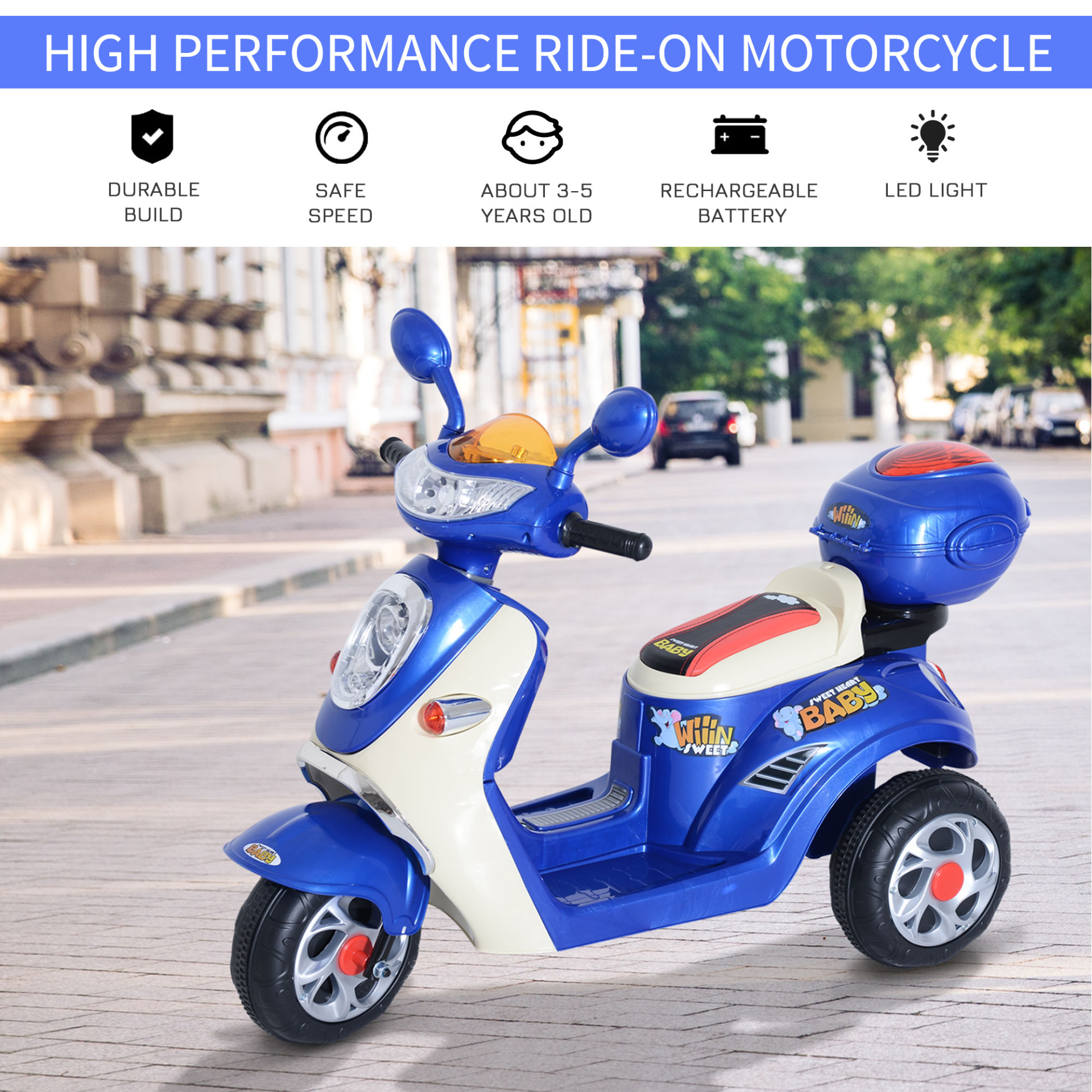 HOMCOM Kids Electric Ride On Toy Car Motorbike Tricycle w/ 6V Battery, LED Headlight & Music - Blue, Ages 3-5 MyLibelula