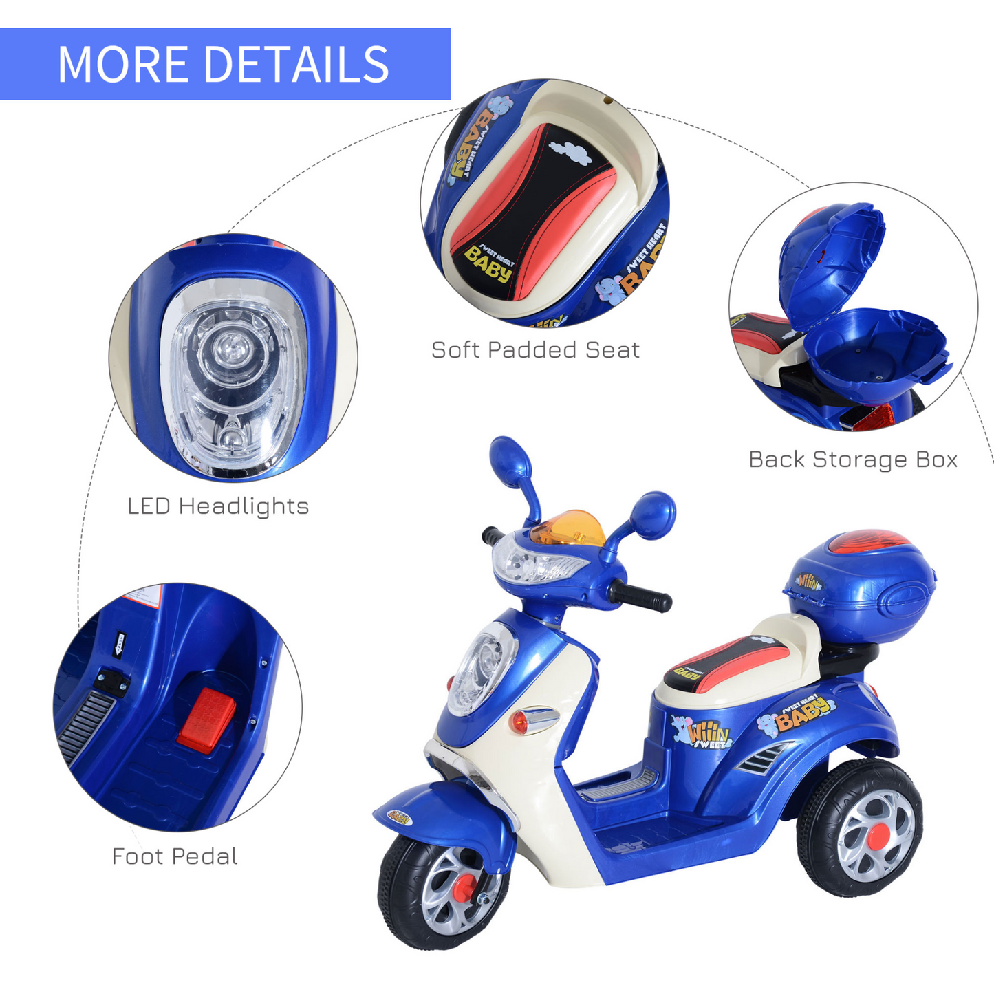 HOMCOM Kids Electric Ride On Toy Car Motorbike Tricycle w/ 6V Battery, LED Headlight & Music - Blue, Ages 3-5 MyLibelula