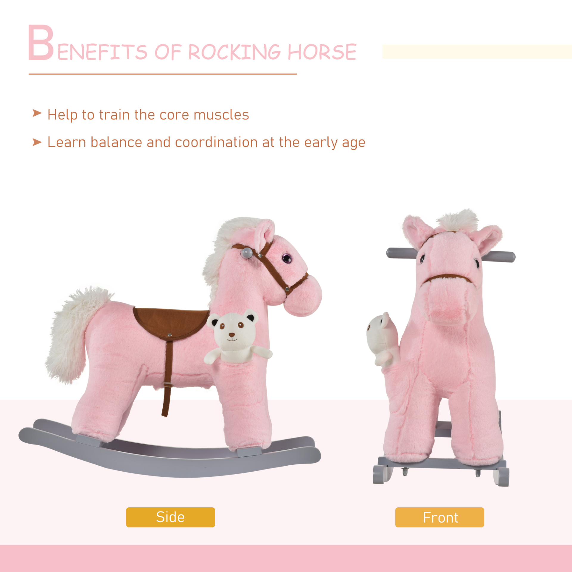 HOMCOM Pink Plush Ride-On Rocking Horse Toy with Realistic Sounds for Toddlers Aged 18-36 Months MyLibelula