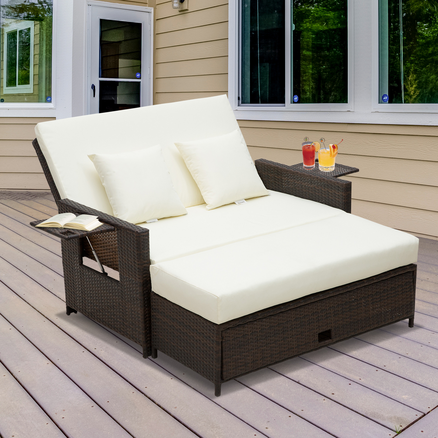 Outsunny 2 Seater Garden Patio Rattan Sofa Lounger Daybed with Fire Retardant Sponge - Brown MyLibelula