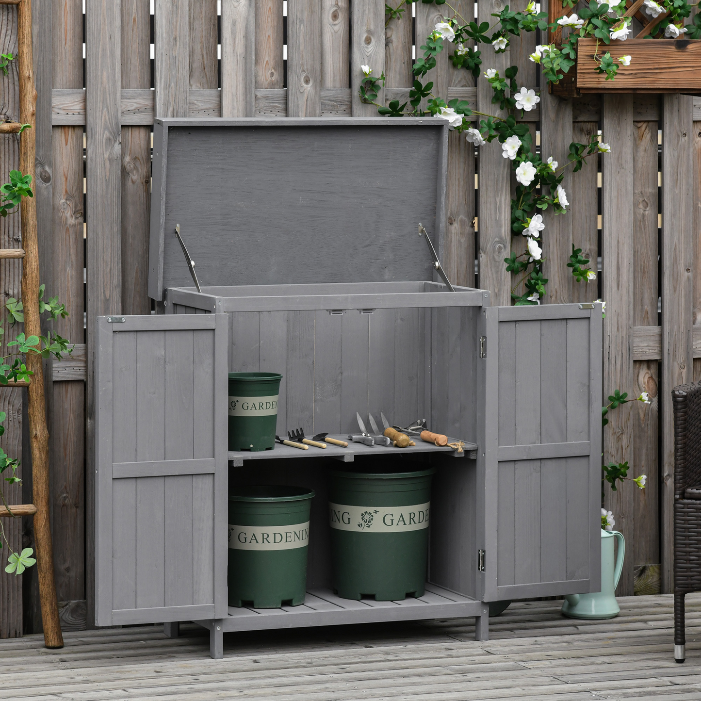 Outsunny Garden Shed - Outdoor Wooden Storage Shed with Double Doors, Hinged Roof, & Shelf - Compact 74 x 43 x 88cm, Grey MyLibelula