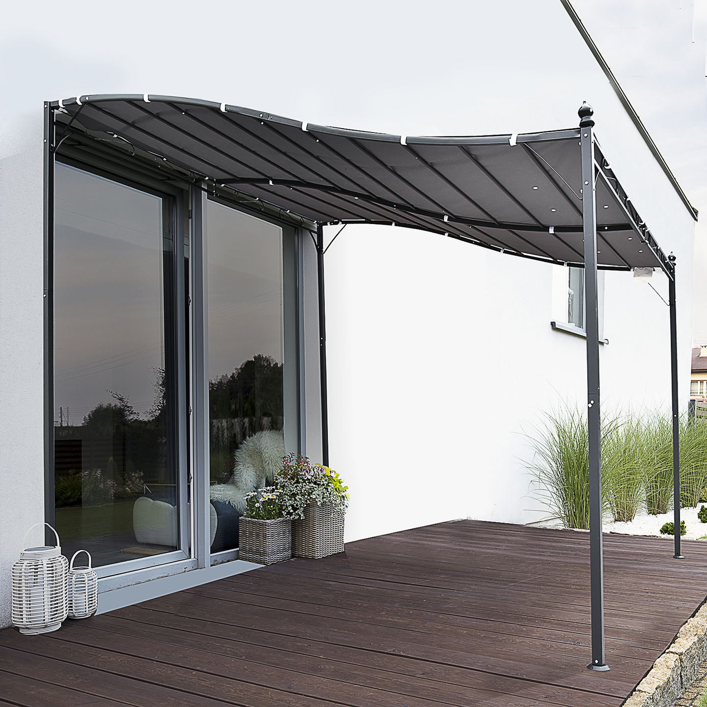 Outsunny 3x3 Meter Grey Canopy Metal Wall Gazebo - Elegant Garden Shelter for Patio & Porch MyLibelula