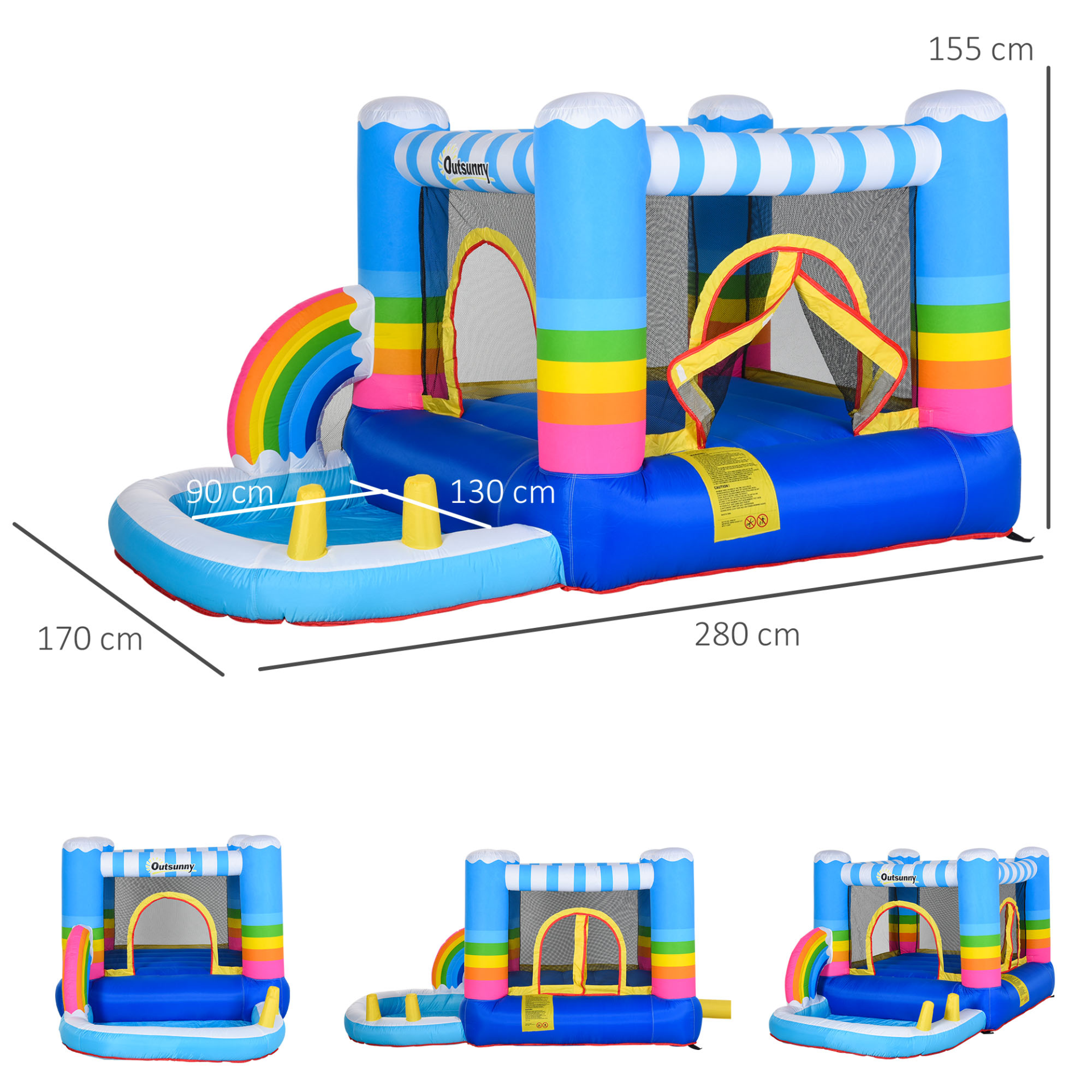 Outsunny Kids Rainbow Bouncy Castle & Pool House Inflatable Trampoline with Blower Pump - Outdoor Fun for 3-8 Years, 2.8 x 1.7 x 1.55m MyLibelula