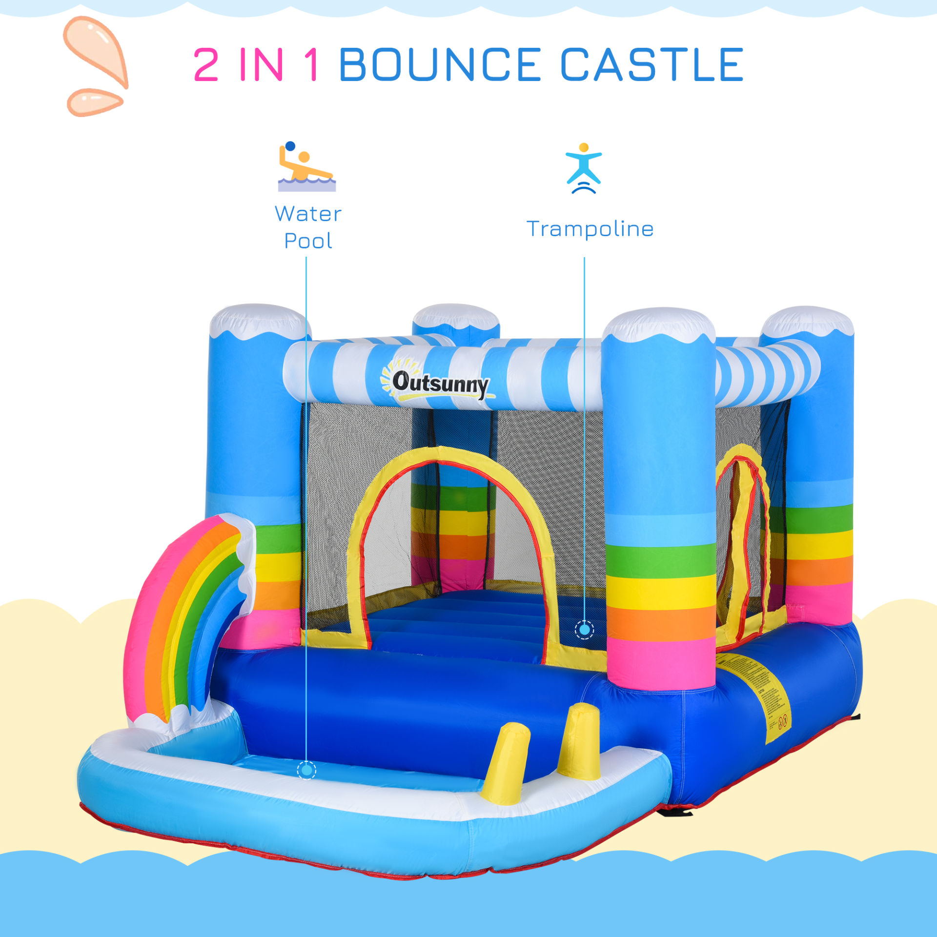 Outsunny Kids Rainbow Bouncy Castle & Pool House Inflatable Trampoline with Blower Pump - Outdoor Fun for 3-8 Years, 2.8 x 1.7 x 1.55m MyLibelula