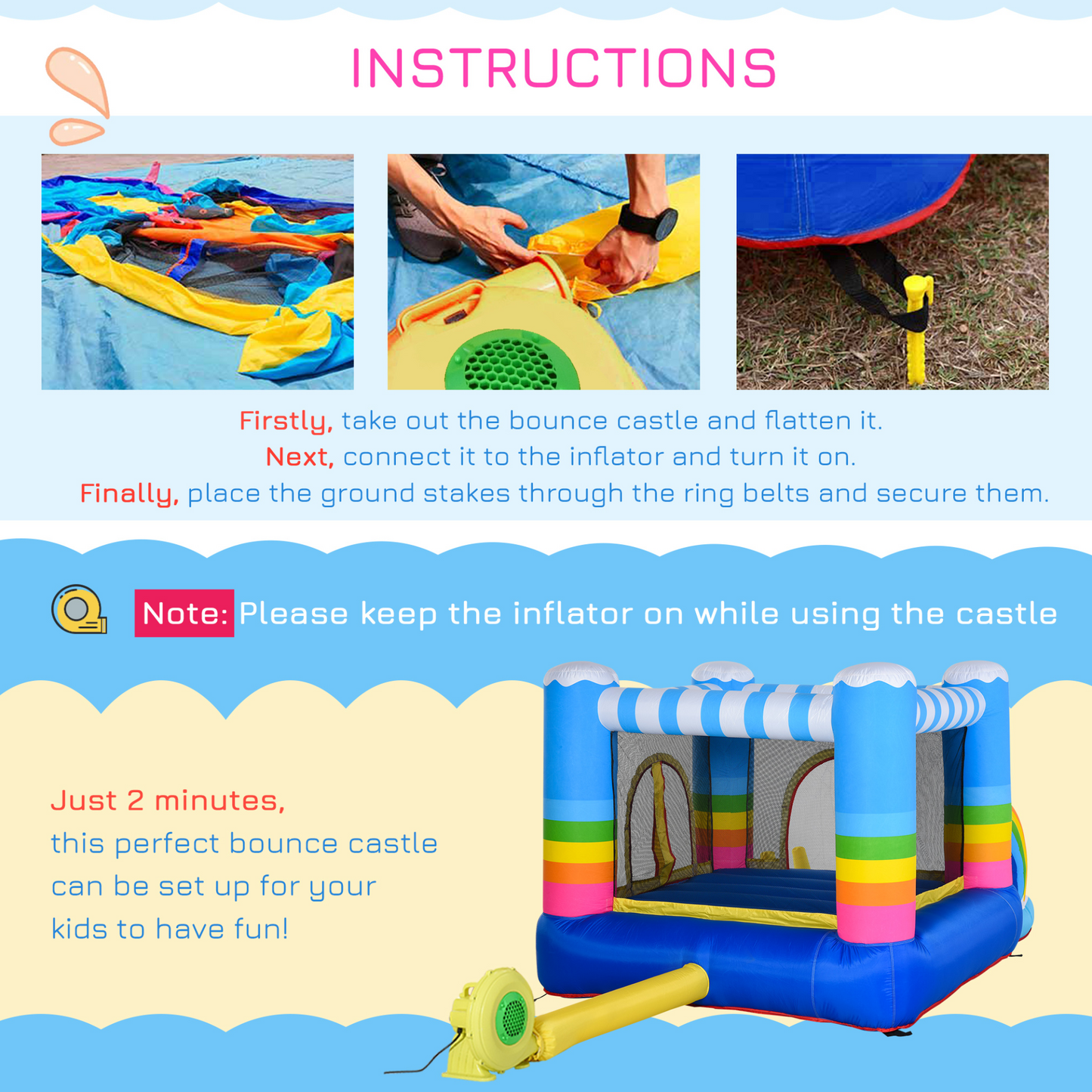 Outsunny Kids Rainbow Bouncy Castle & Pool House Inflatable Trampoline with Blower Pump - Outdoor Fun for 3-8 Years, 2.8 x 1.7 x 1.55m MyLibelula