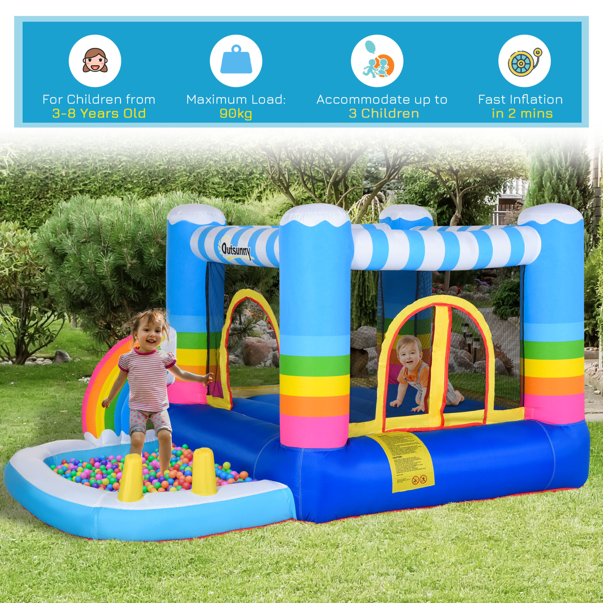 Outsunny Kids Rainbow Bouncy Castle & Pool House Inflatable Trampoline with Blower Pump - Outdoor Fun for 3-8 Years, 2.8 x 1.7 x 1.55m MyLibelula