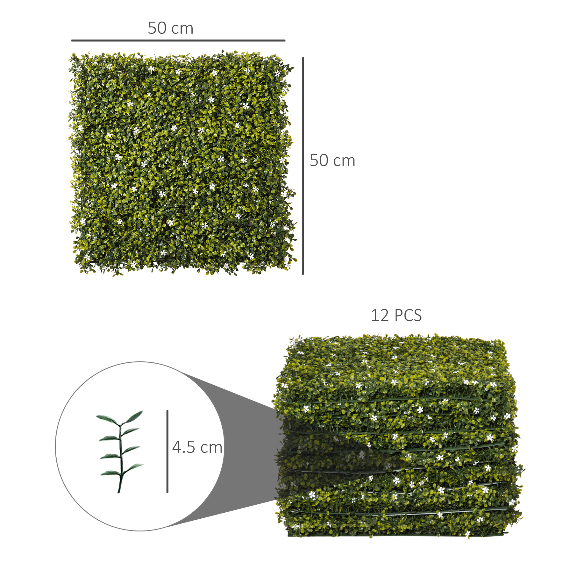 Outsunny 12PCS Artificial Boxwood Wall Panels 50cm x 50cm Grass Privacy Fence Screen Faux Hedge Greenery Backdrop Encrypted Milan Grass with White Flowers for Home Garden Backyard Balcony MyLibelula