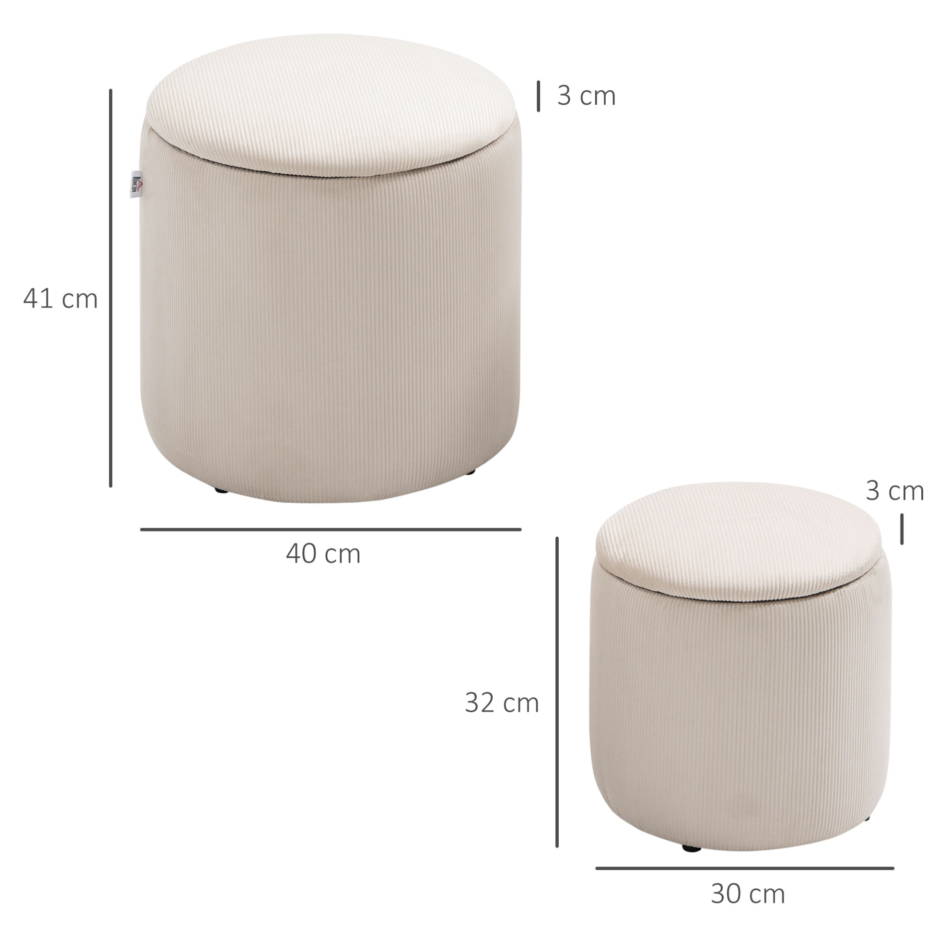 HOMCOM Modern Storage Ottoman Set of 2 - Removable Lid, Fabric Storage Stool, Footstool, Dressing Table Stool in White MyLibelula