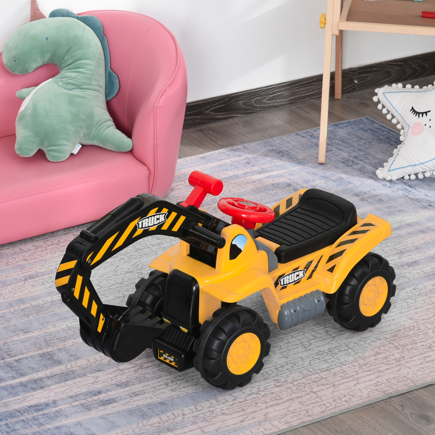 HOMCOM Kids Ride On Excavator Digger with Storage and Basketball Net - Fun and Interactive 3-in-1 Construction Truck Toy MyLibelula