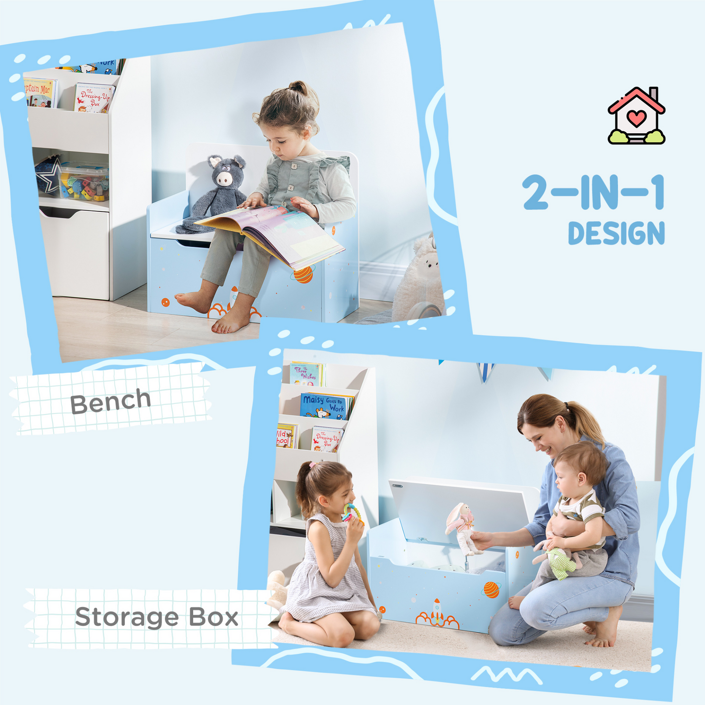 ZONEKIZ 2 In 1 Wooden Toy Box and Kids Storage Bench - Blue | Safe & Durable Toy Chest MyLibelula