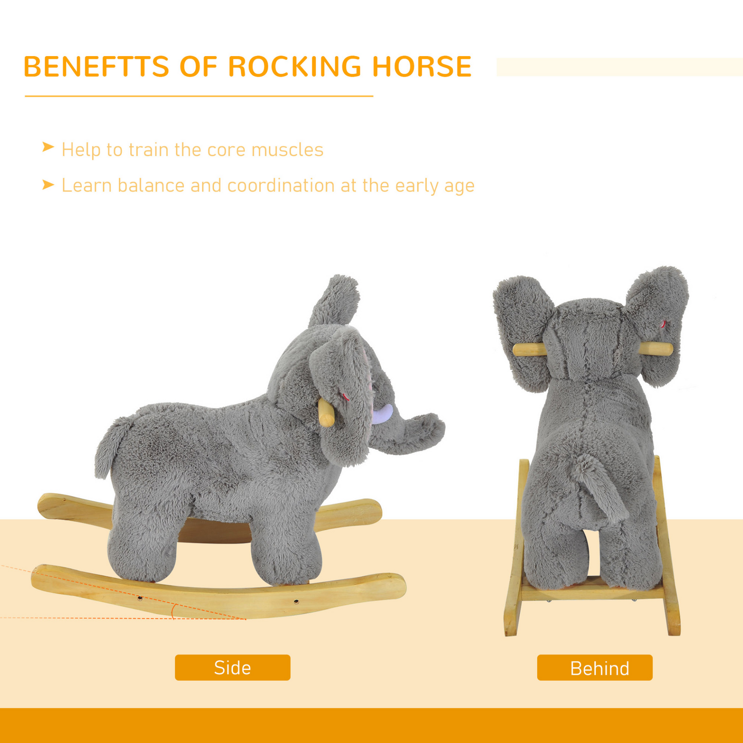 HOMCOM Kids Rocking Horse Plush Ride-on Grey Elephant with 32 Nursery Rhymes - Soft & Safe Traditional Wooden Rocker MyLibelula