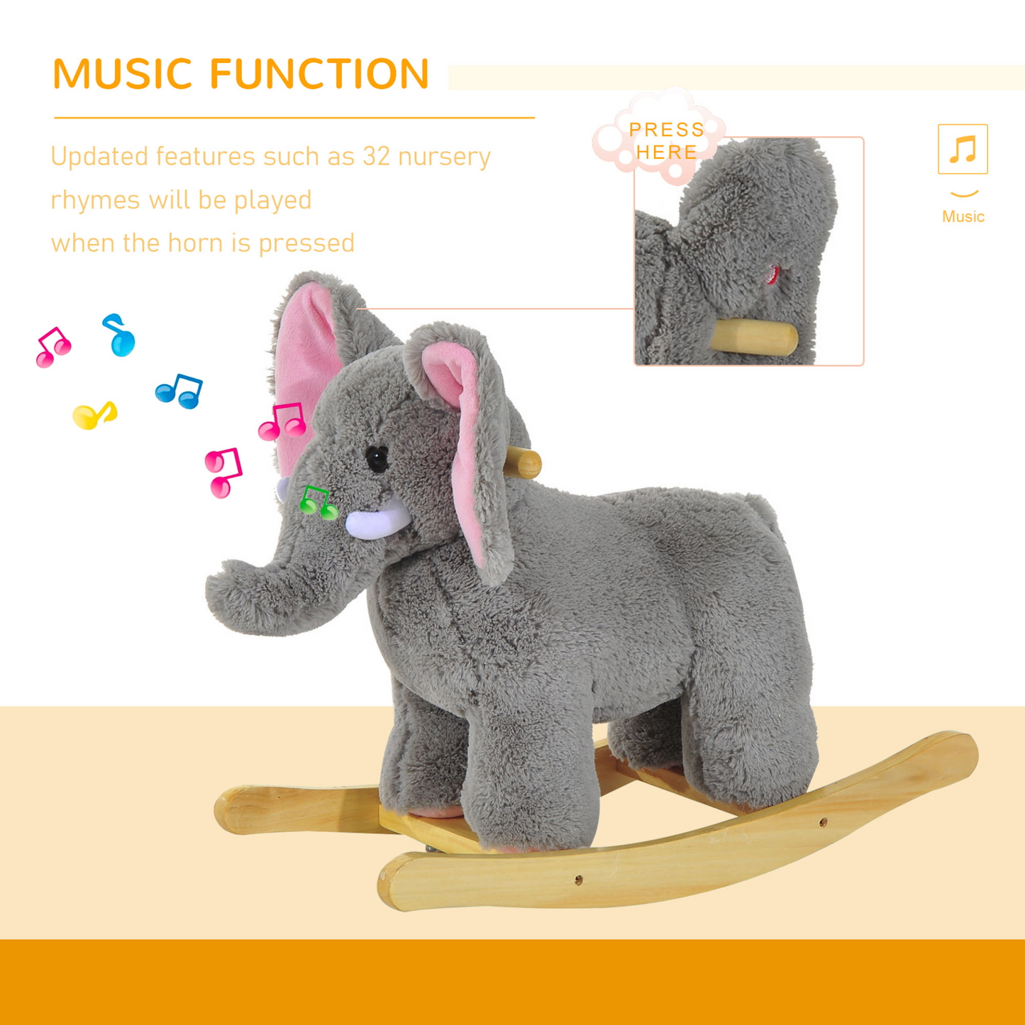 HOMCOM Kids Rocking Horse Plush Ride-on Grey Elephant with 32 Nursery Rhymes - Soft & Safe Traditional Wooden Rocker MyLibelula