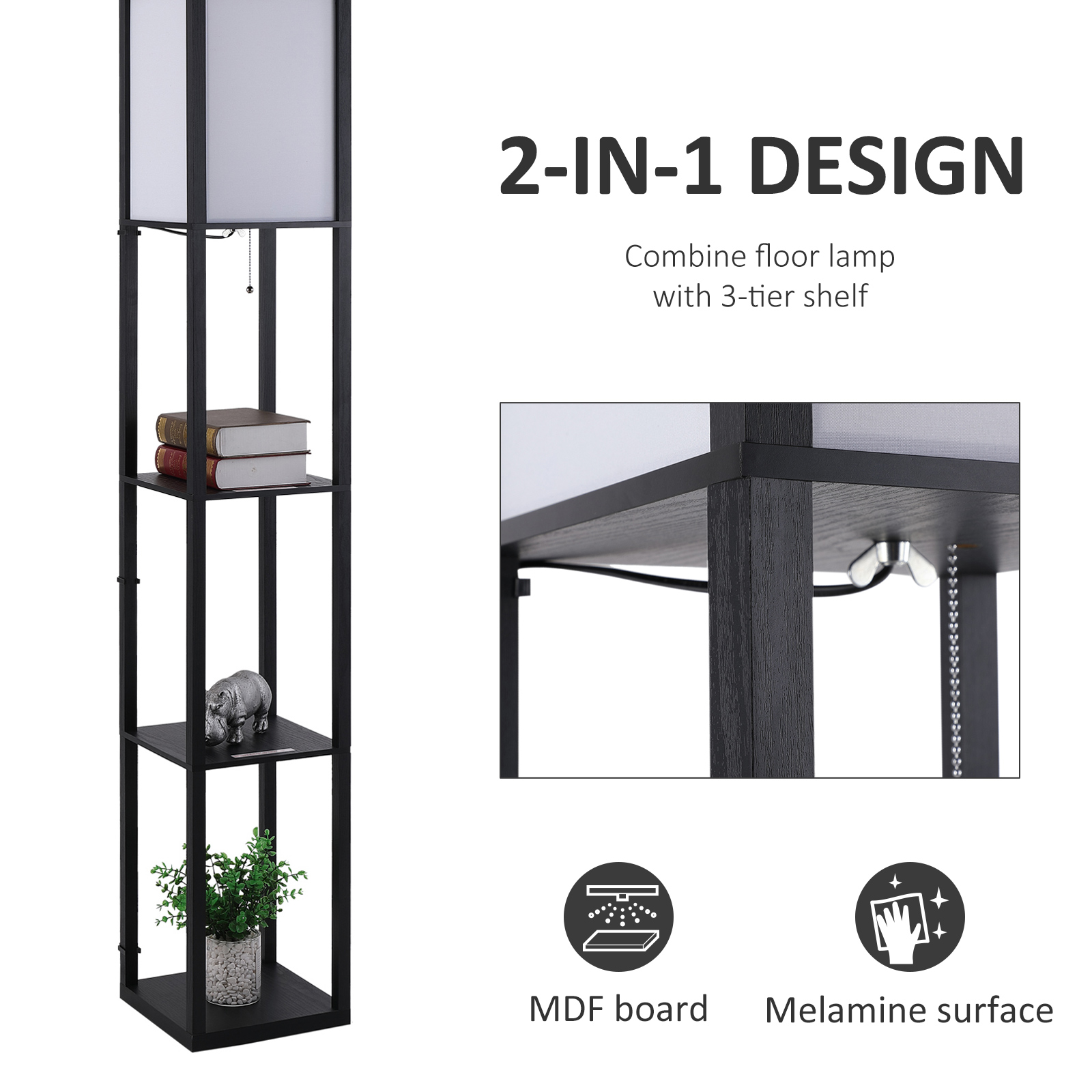 HOMCOM Modern Shelf Floor Lamp with Soft Light and 3-Tier Open Shelves – 160cm, Black MyLibelula