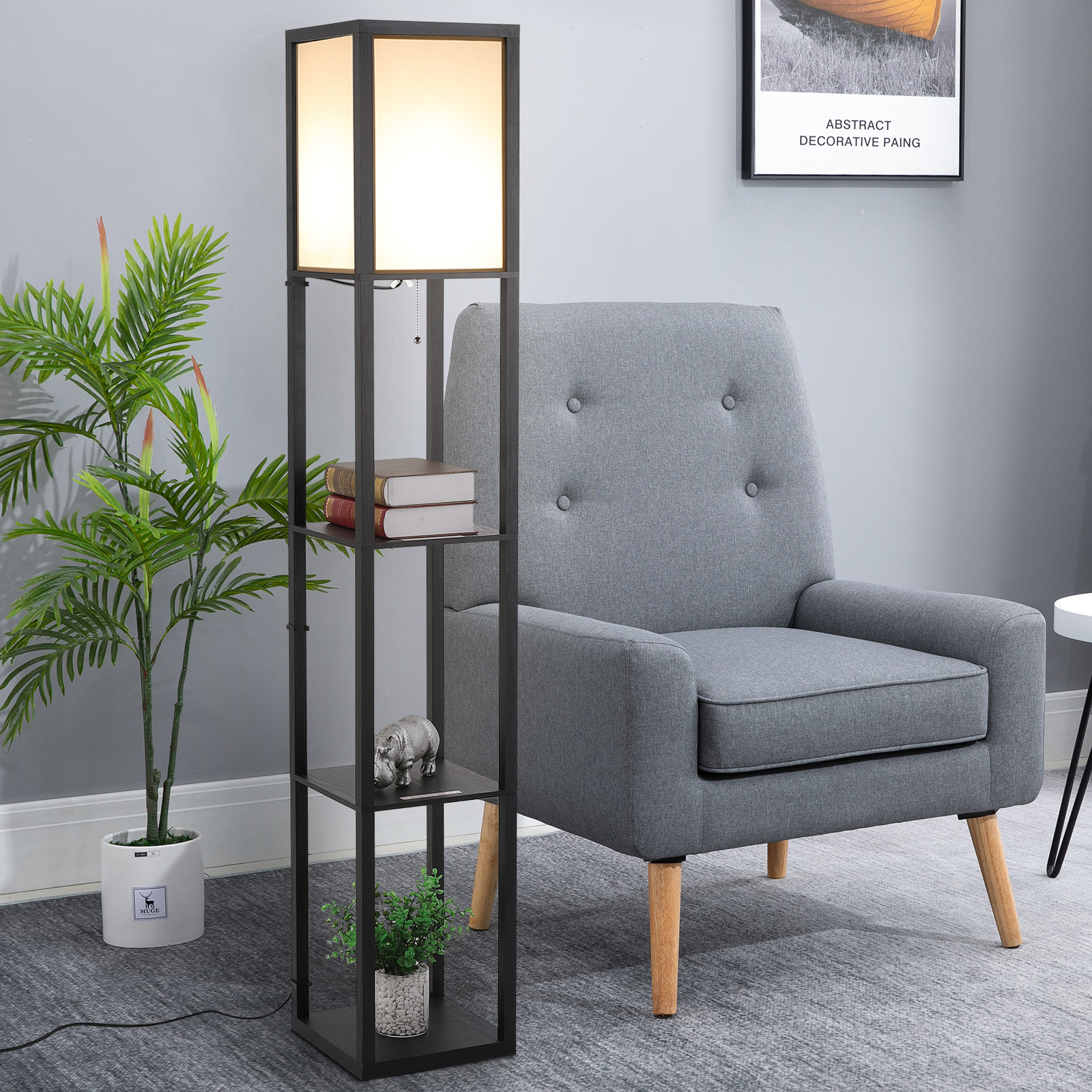 HOMCOM Modern Shelf Floor Lamp with Soft Light and 3-Tier Open Shelves – 160cm, Black MyLibelula