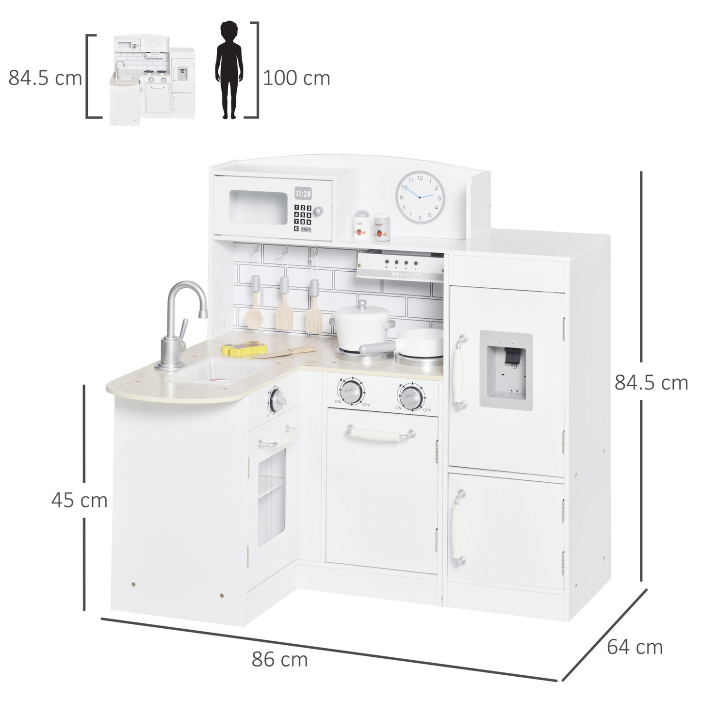 HOMCOM Kids Wooden Play Kitchen Set | Toy Cooking Set with Drinking Fountain, Microwave & Fridge - White MyLibelula