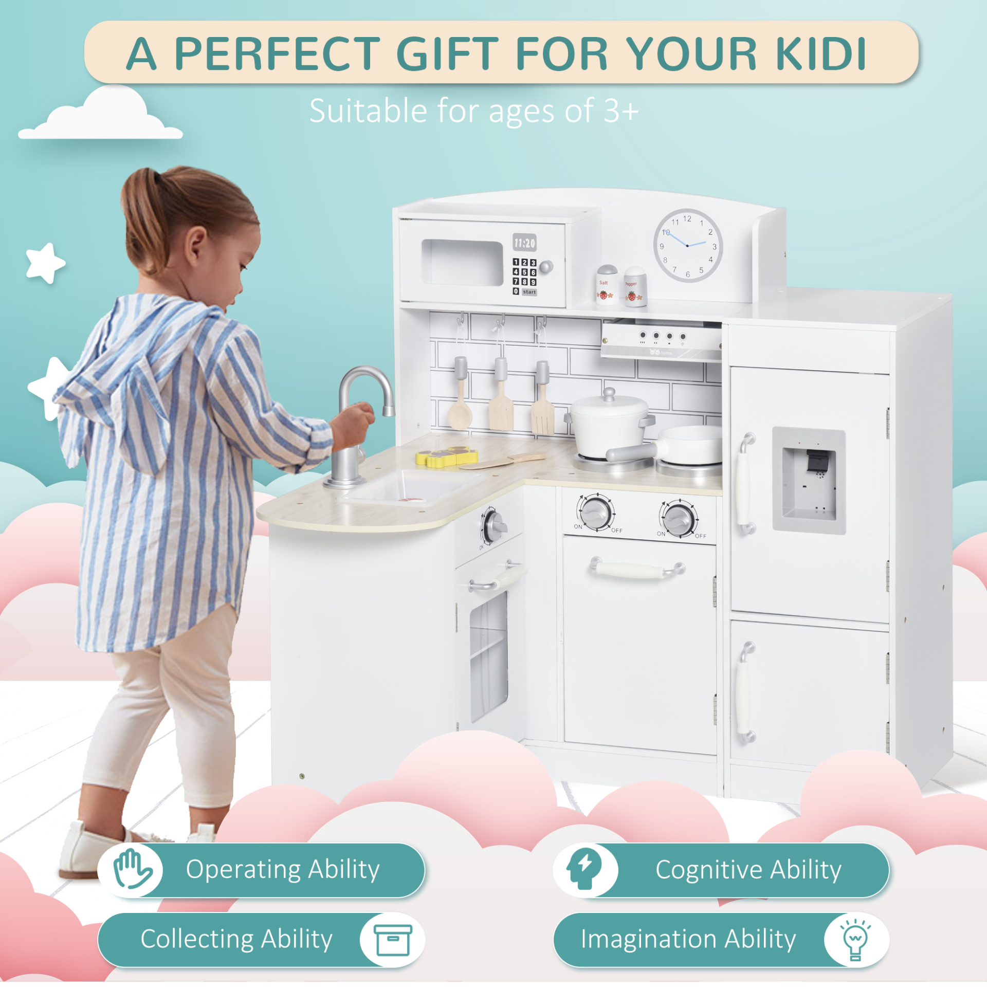 HOMCOM Kids Wooden Play Kitchen Set | Toy Cooking Set with Drinking Fountain, Microwave & Fridge - White MyLibelula