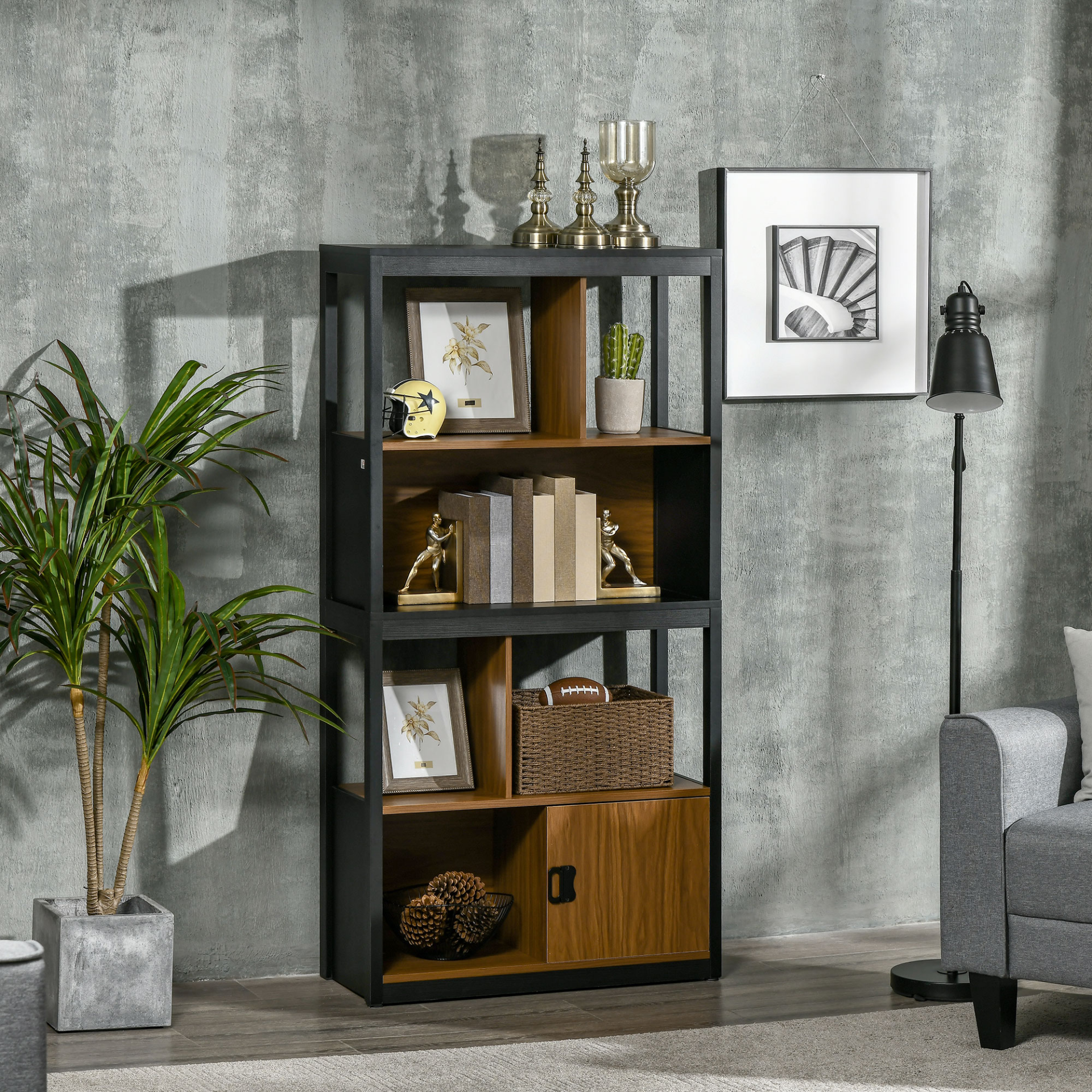 HOMCOM Modern 4-Tier Bookshelf with Storage Shelving and Closed Cabinet, Walnut Brown - Ideal for Living Room, Home Office, and Study MyLibelula