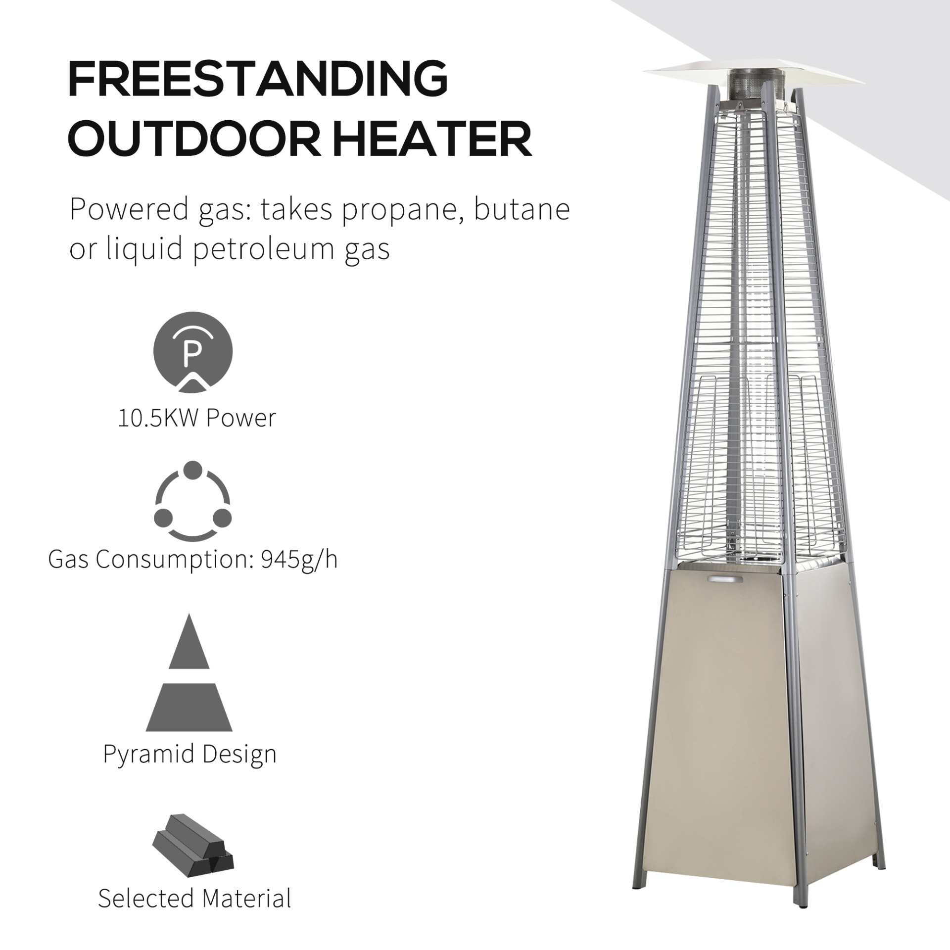 Outsunny 10.5KW Stainless Steel Outdoor Garden Patio Pyramid Heating Propane Gas Real Flame Heater Warmer Glass Tube with Wheels and Rain Cover - Silver MyLibelula