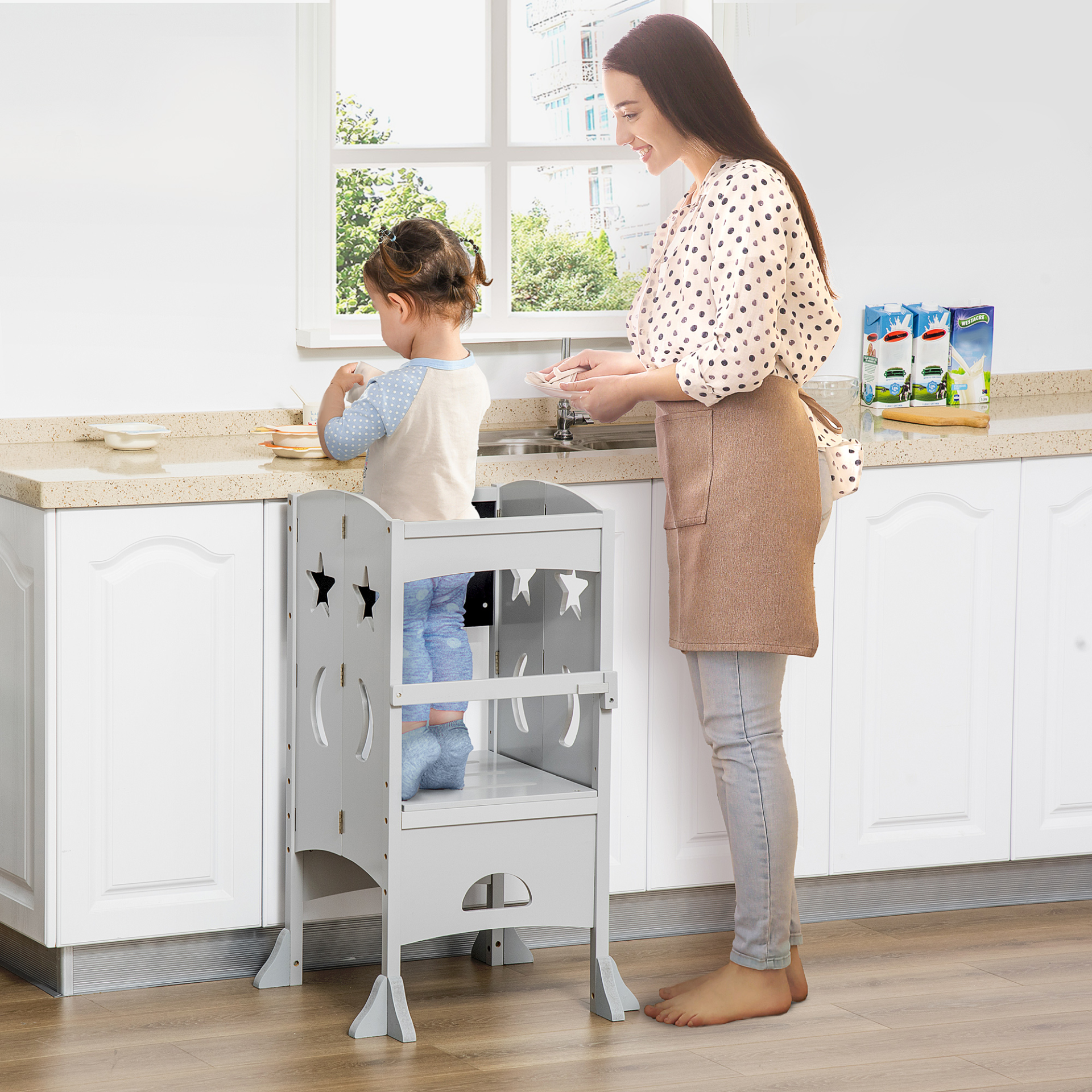 HOMCOM Kids Step Stool Toddler Kitchen Stool with Blackboard & Lockable Handrail - Grey MyLibelula