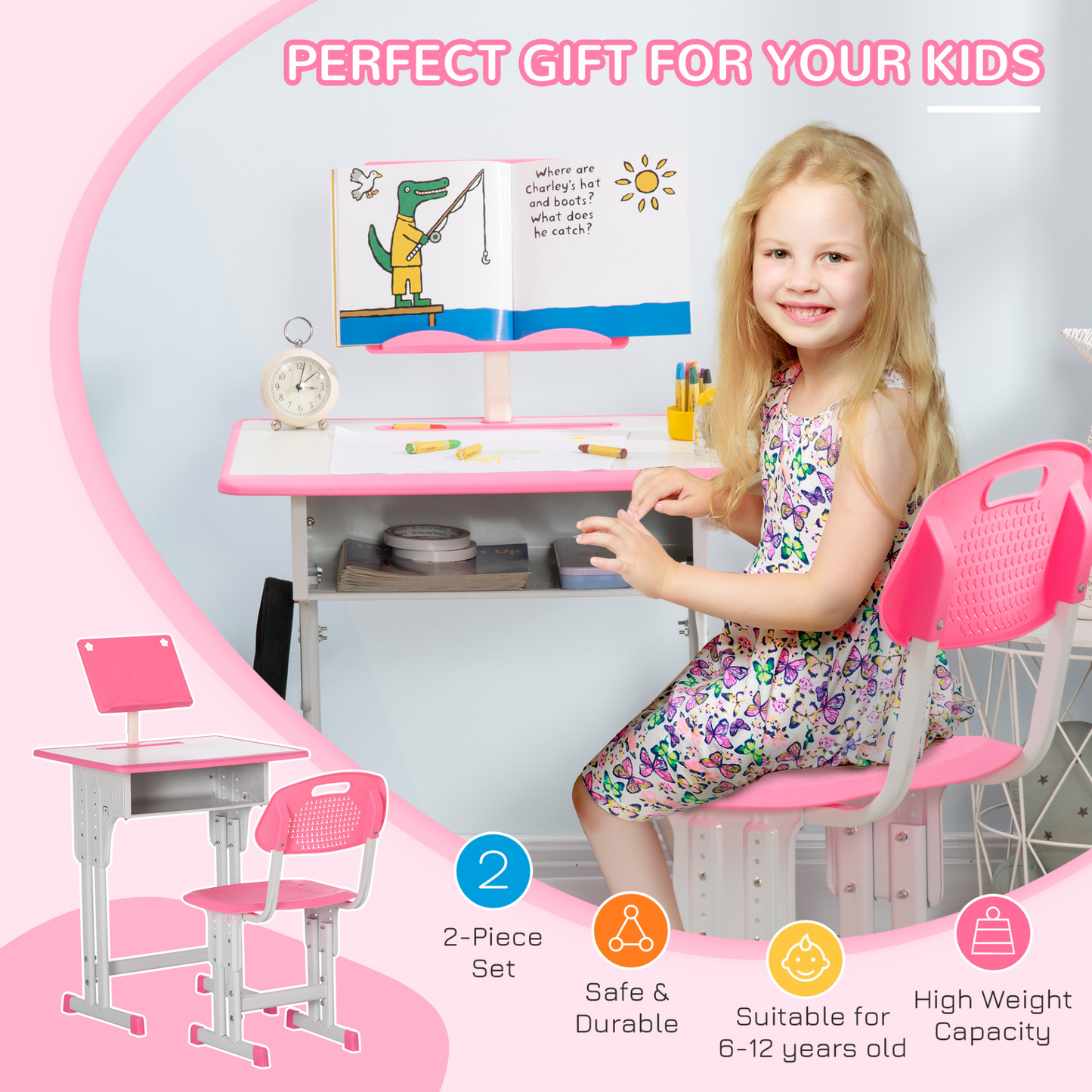 HOMCOM Kids Desk and Chair Set - Adjustable Height, Study Table with Storage - Pink MyLibelula