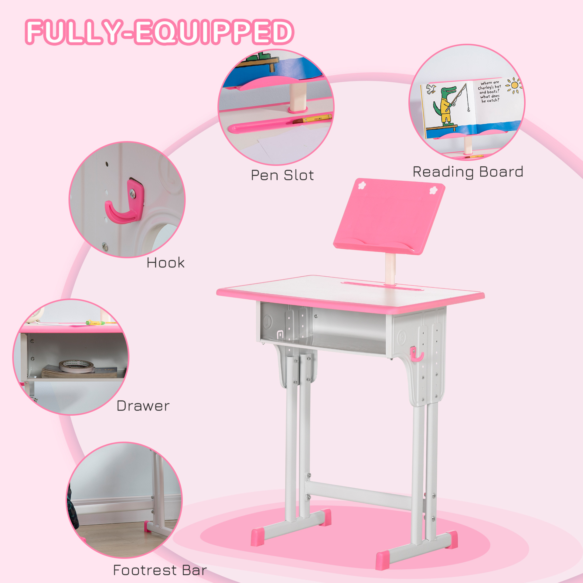 HOMCOM Kids Desk and Chair Set - Adjustable Height, Study Table with Storage - Pink MyLibelula