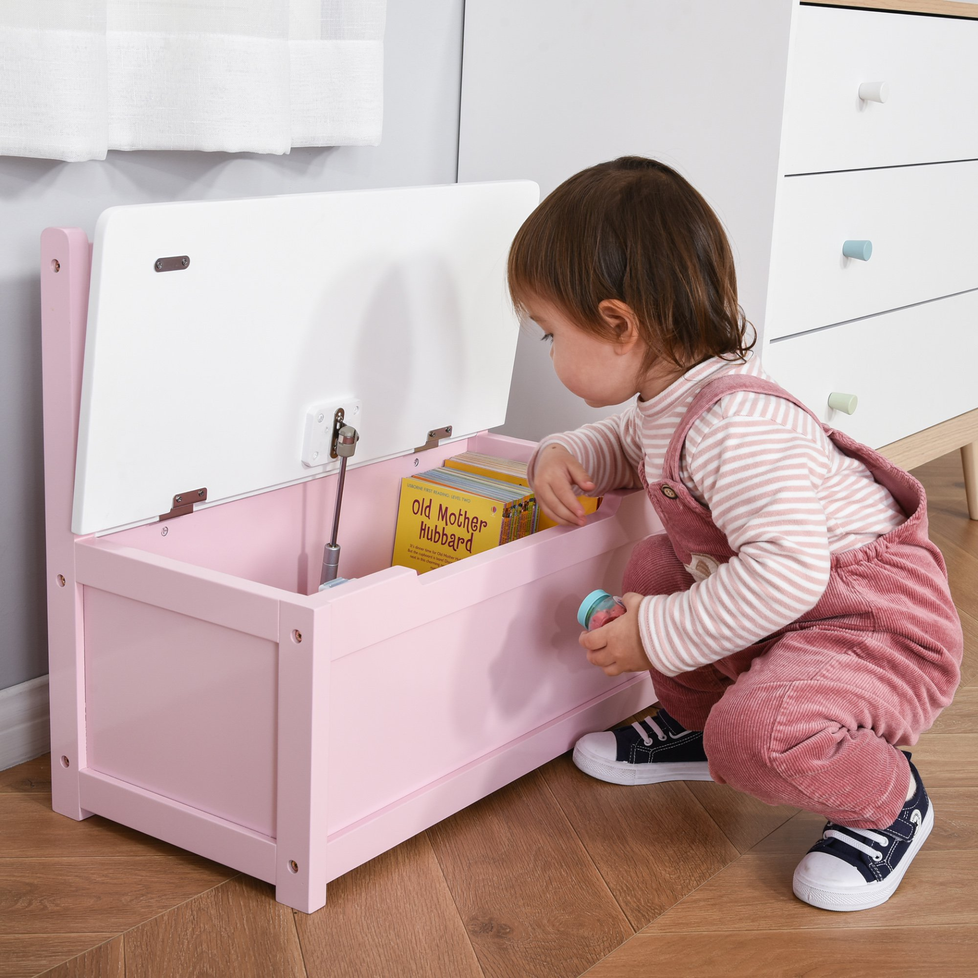 HOMCOM 2-IN-1 Wooden Toy Box & Kids Seat Bench - Storage Chest Cabinet Organizer with Safety Pneumatic Rod, 60 x 30 x 50cm, Pink MyLibelula