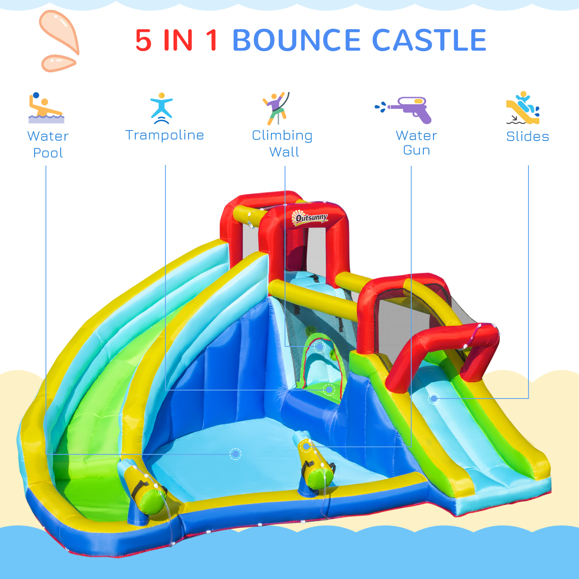 Outsunny 5-in-1 Kids Bouncy Castle Water Slide | Inflatable Bounce House with Water Pool, Guns, and Climbing Wall | Air Blower Included | For Ages 3-8 MyLibelula