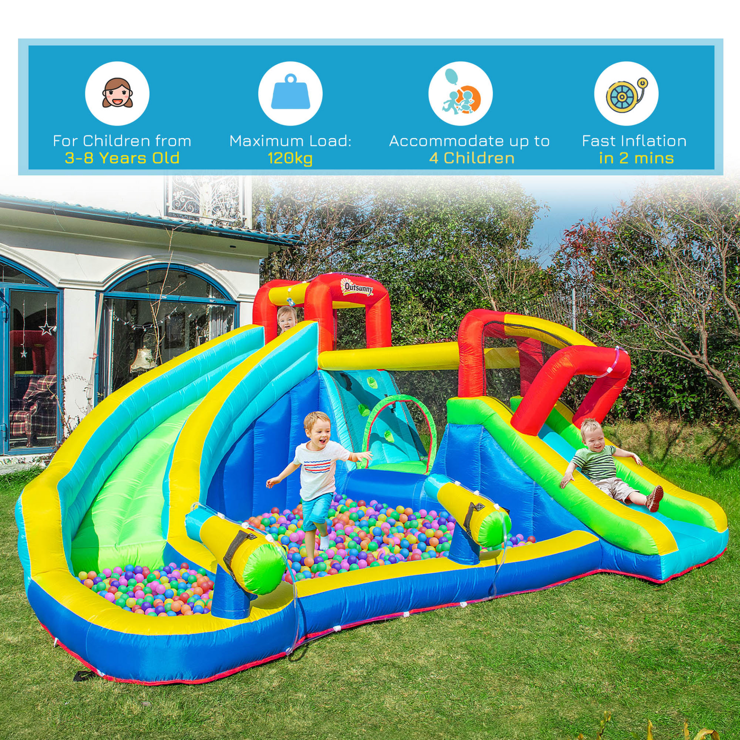 Outsunny 5-in-1 Kids Bouncy Castle Water Slide | Inflatable Bounce House with Water Pool, Guns, and Climbing Wall | Air Blower Included | For Ages 3-8 MyLibelula