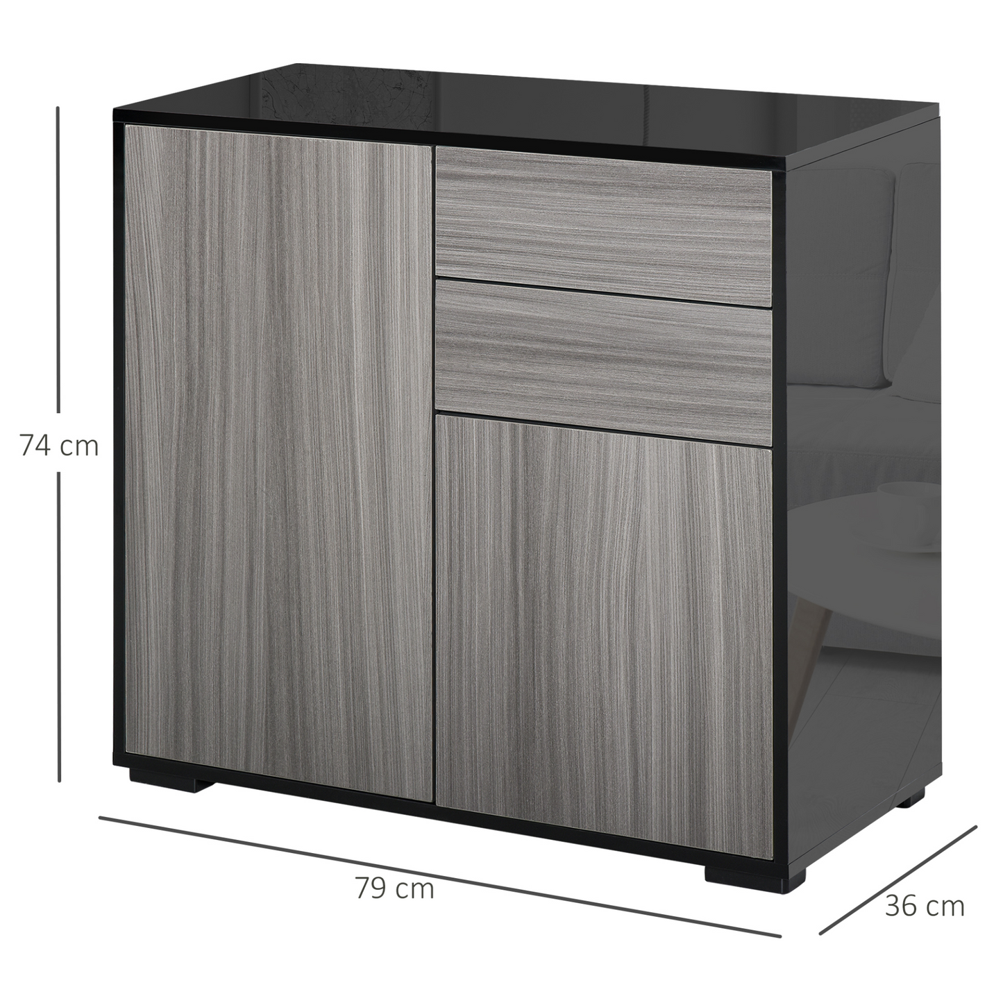 HOMCOM High Gloss Sideboard with Push-Open 2 Drawers for Living Room, Bedroom - Light Grey & Black MyLibelula