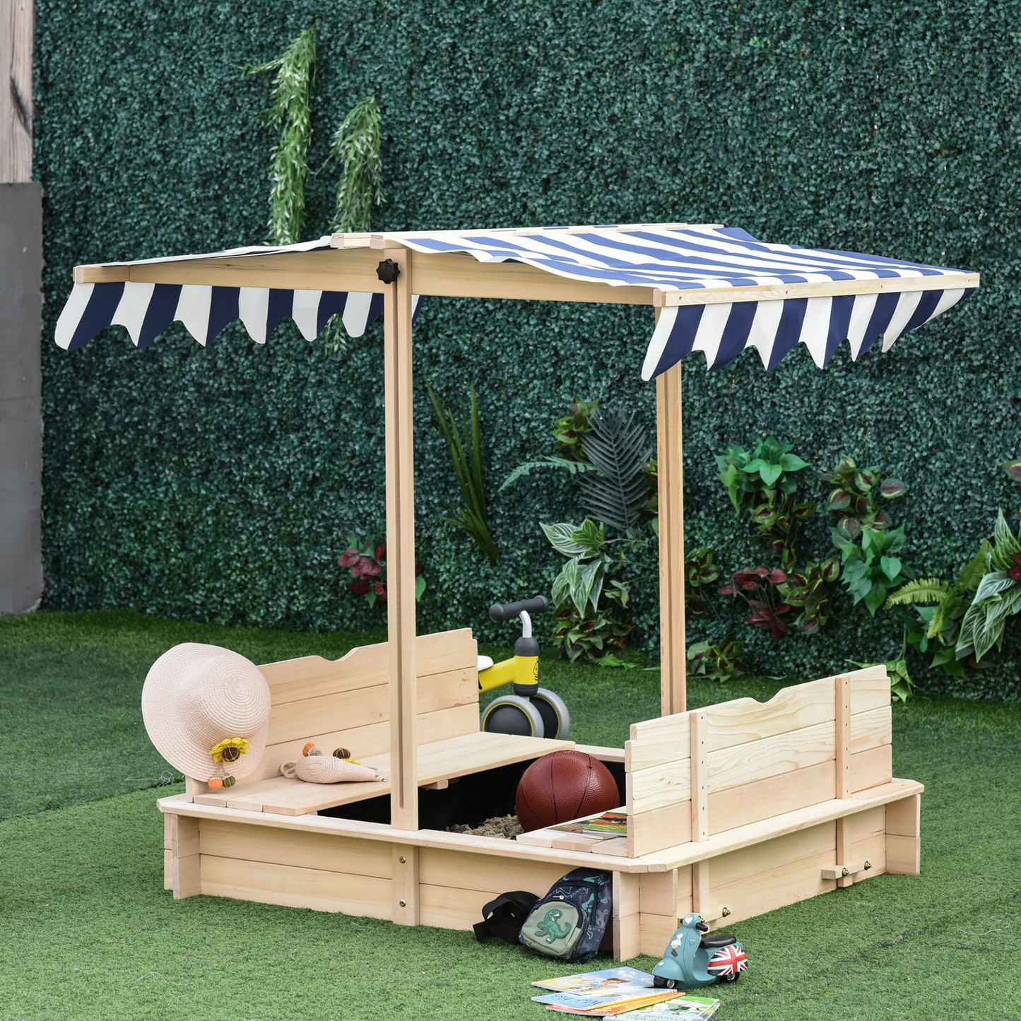 Outsunny Kids Wooden Sand Pit with Adjustable Canopy, Convertible Bench Seat & Protective Lids for Outdoor Play MyLibelula