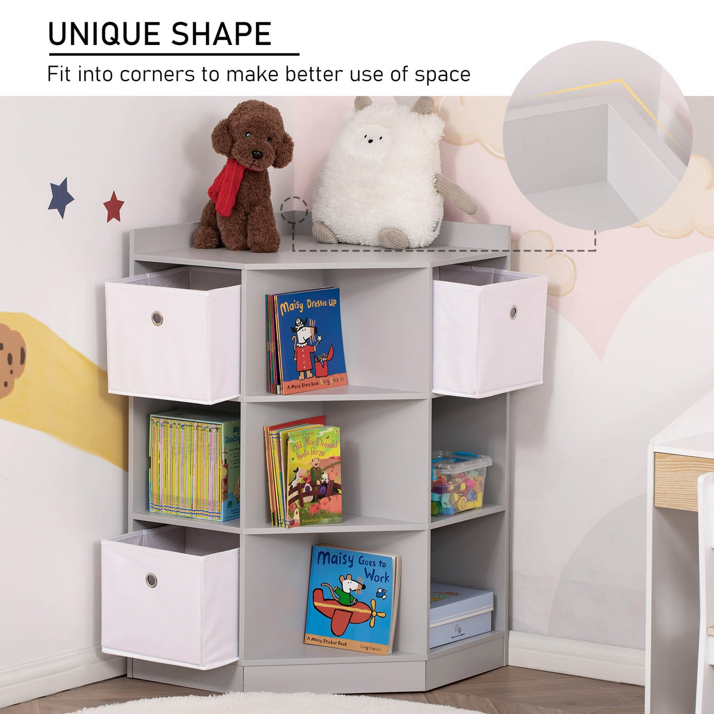 HOMCOM Kids Corner Storage Cabinet & Toy Organizer with Bookcase and Anti-tipping Hardware, Grey MyLibelula