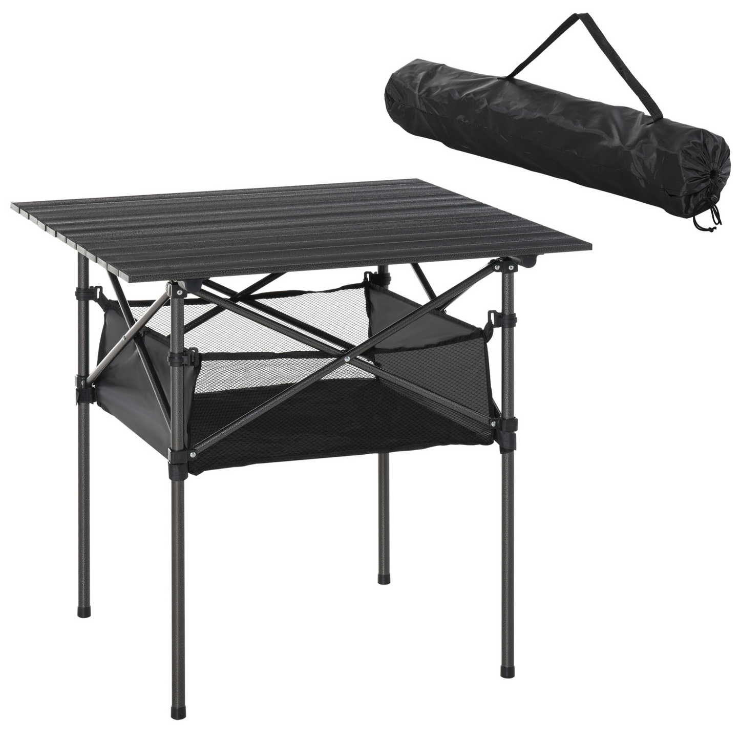 Outsunny Aluminum Roll-Top Camping Table with Mesh Bag - Foldable, Lightweight & Durable Outdoor Dining and Picnic Table with Steel Frame, Black MyLibelula