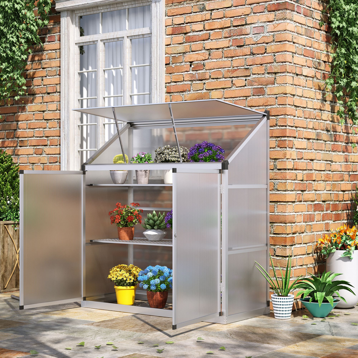 Outsunny 3 Tier Greenhouse Garden Outdoor Cold Frame Plant Flower Growth Transparent Polycarbonate Board Openable Roof Sliding Door w / Foundation 129.5L x 58W x 140H cm MyLibelula