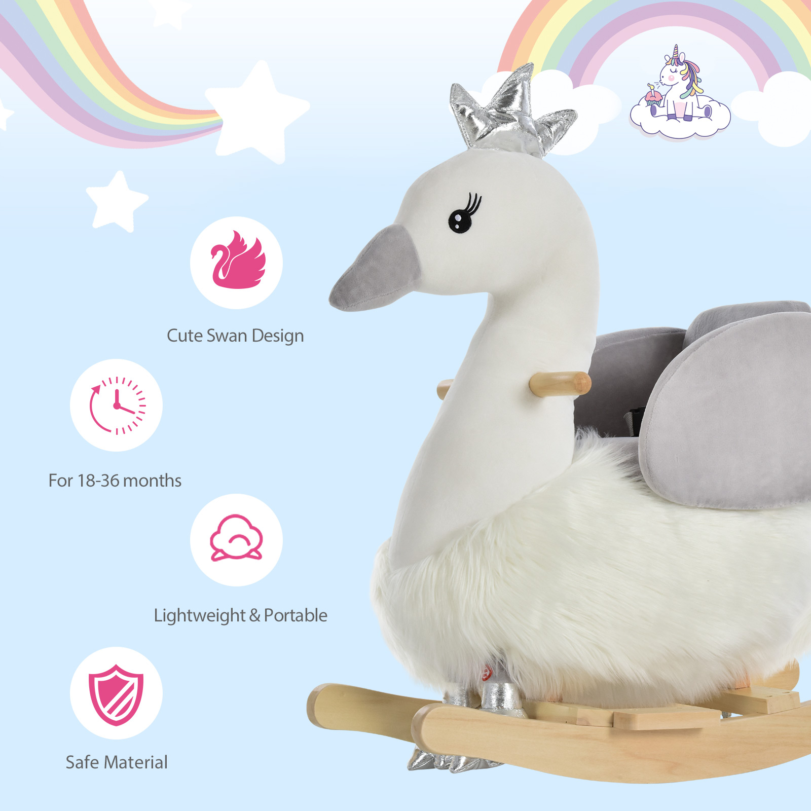 HOMCOM Kids Ride On Swan Rocking Horse – Plush, Sound, Safety Belt – Perfect for Toddlers 18-36 Months MyLibelula