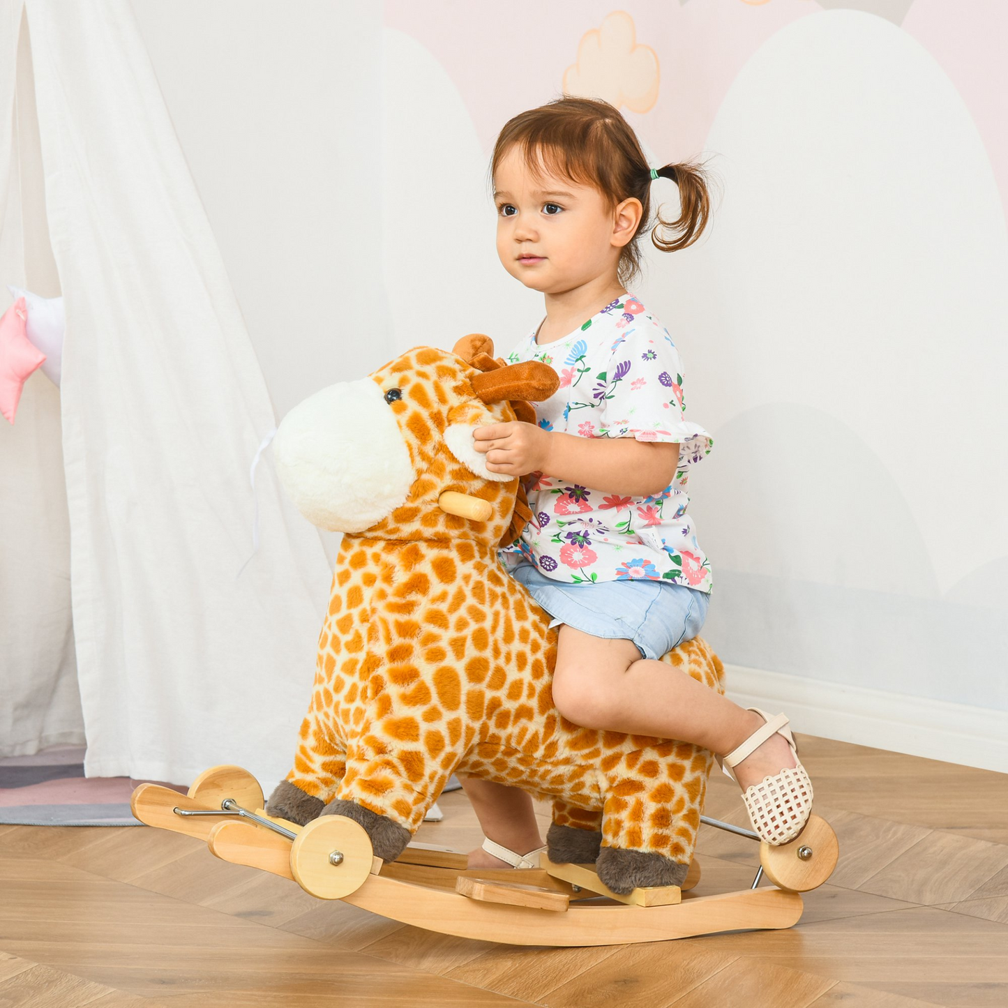 HOMCOM 2 In 1 Kids Toddler Rocking Horse Giraffe Ride-On with Wheels & Animal Sounds | Ages 3-6 MyLibelula