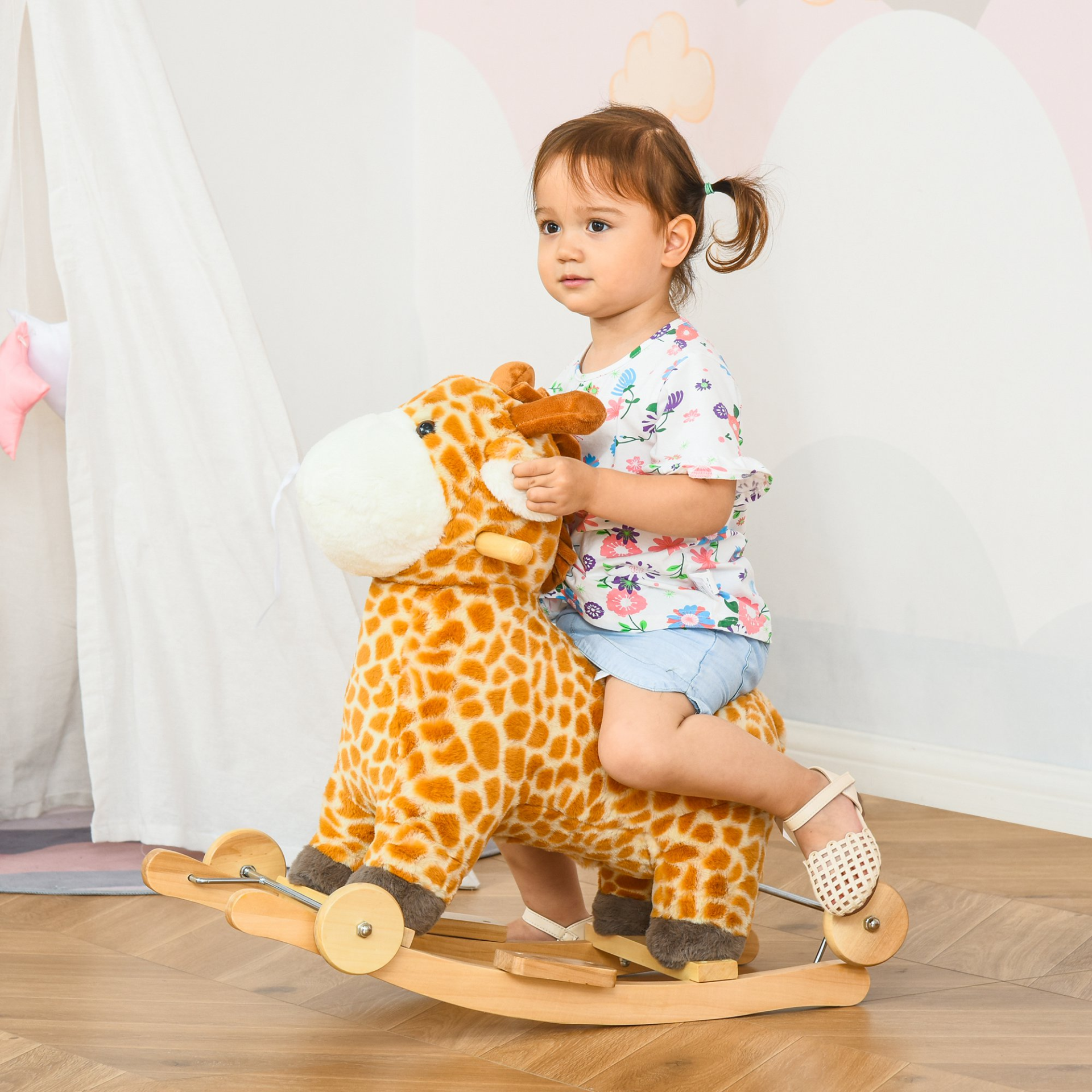 HOMCOM 2 In 1 Kids Toddler Rocking Horse Giraffe Ride-On with Wheels & Animal Sounds | Ages 3-6 MyLibelula