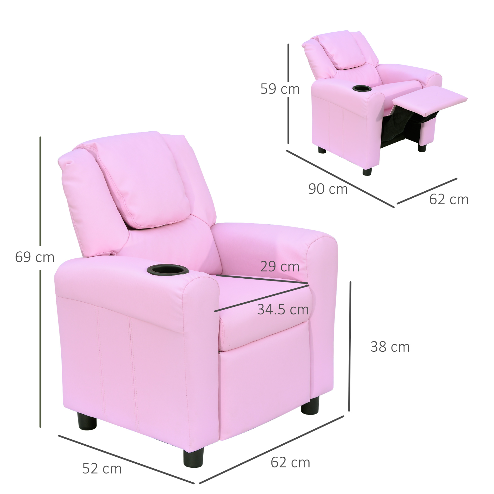 HOMCOM Kids Pink Recliner Lounger Armchair with Cup Holder – PU Leather Look MyLibelula