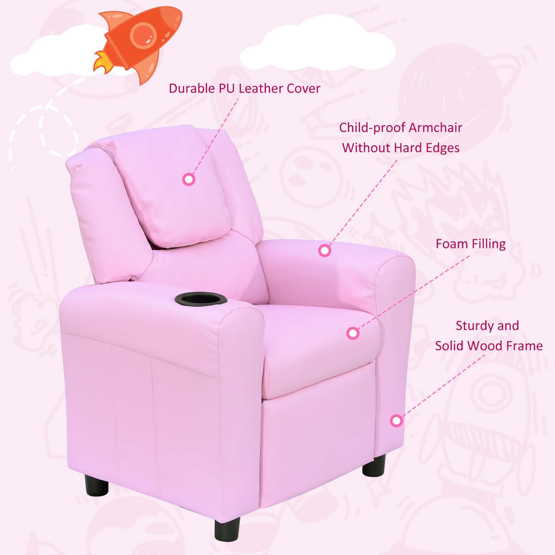 HOMCOM Kids Pink Recliner Lounger Armchair with Cup Holder – PU Leather Look MyLibelula